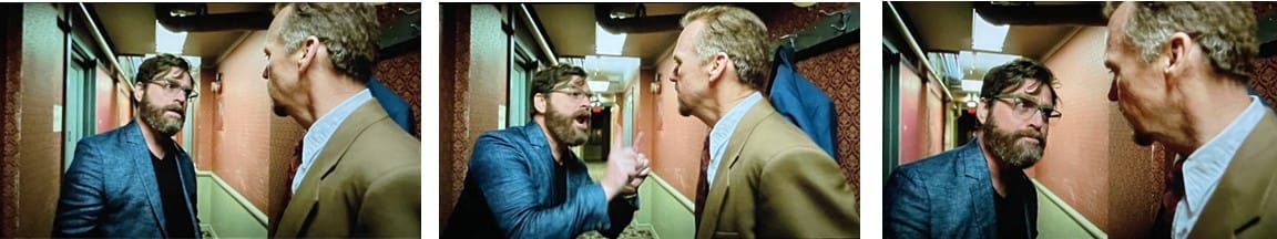 three images from the film "Birdman" of Zach Galifianakias and Michael Keaton arguing in a hallway