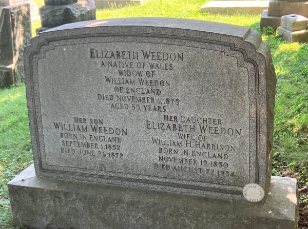 a granite tombstone bearing the name "Elizabeth Weedon, a Native of Wales, Widow of William Weedon of England / Died November 1 1875, Aged 55 years"
