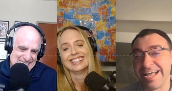 The Joy of Baseball hosts Joe Posnanski and Molly Knight laughing along with guest Jason Benetti in a split-screen