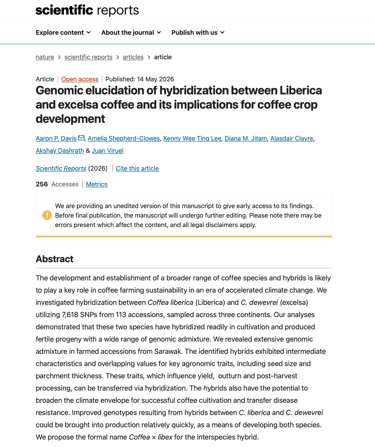 South India Coffee Company Co-Authors Landmark Study Defining a New Hybrid Coffee, Coffea × libex
