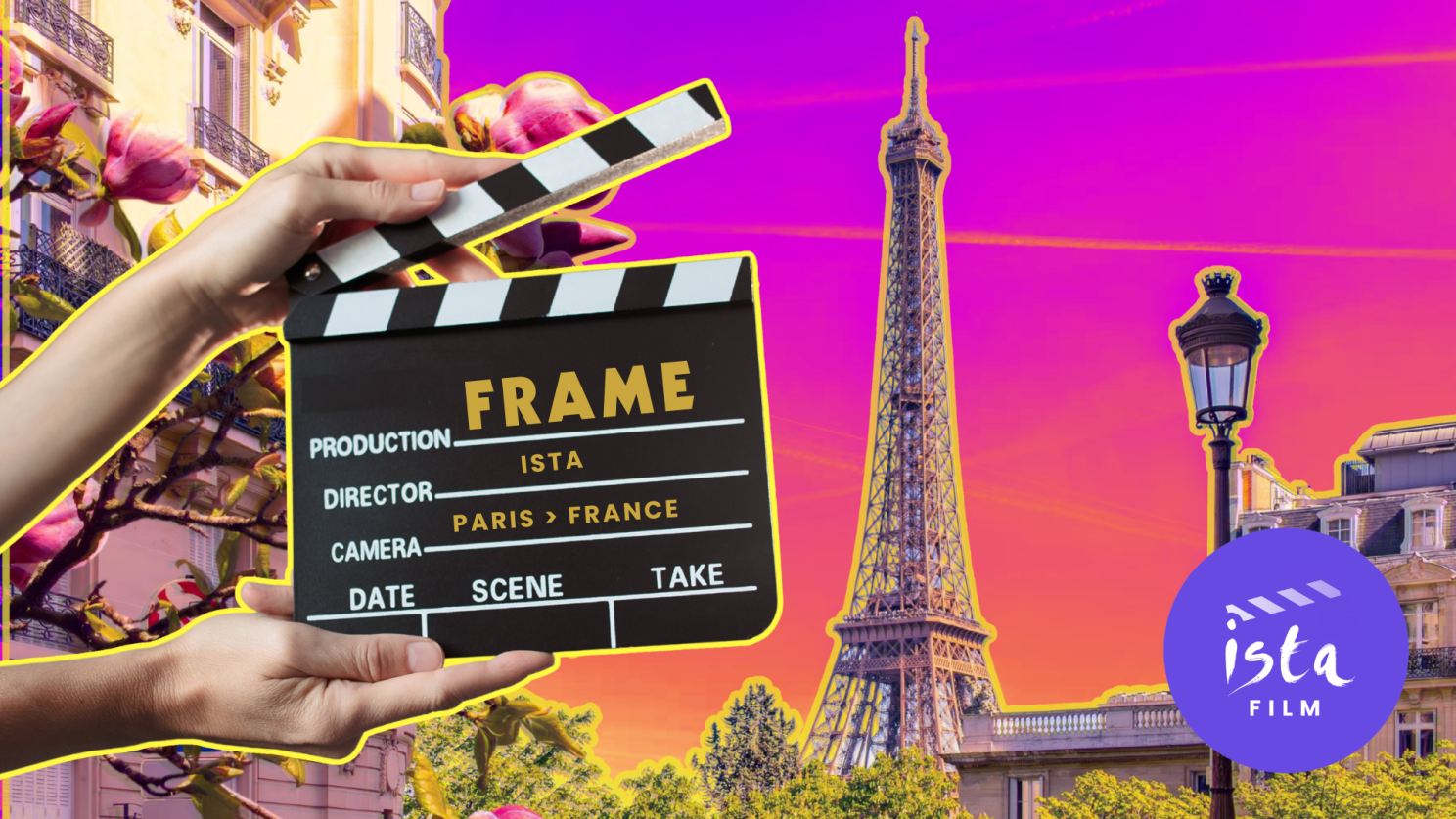 Hands holding a clapperboard with the Eiffel tower in the background.