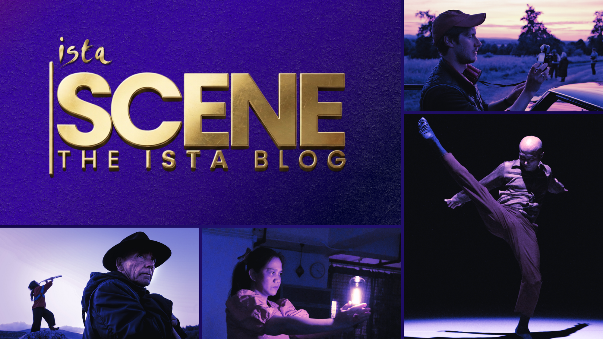 A collage featuring the gold SCENE logo on a purple background alongside photographs of filmmaking, dance, performance and storytelling.
