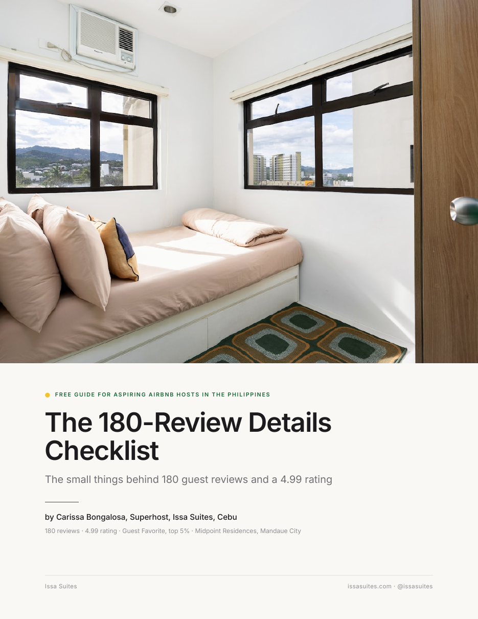 Cover of The 180-Review Details Checklist, a free guide for Airbnb hosts in the Philippines by Carissa Bongalosa