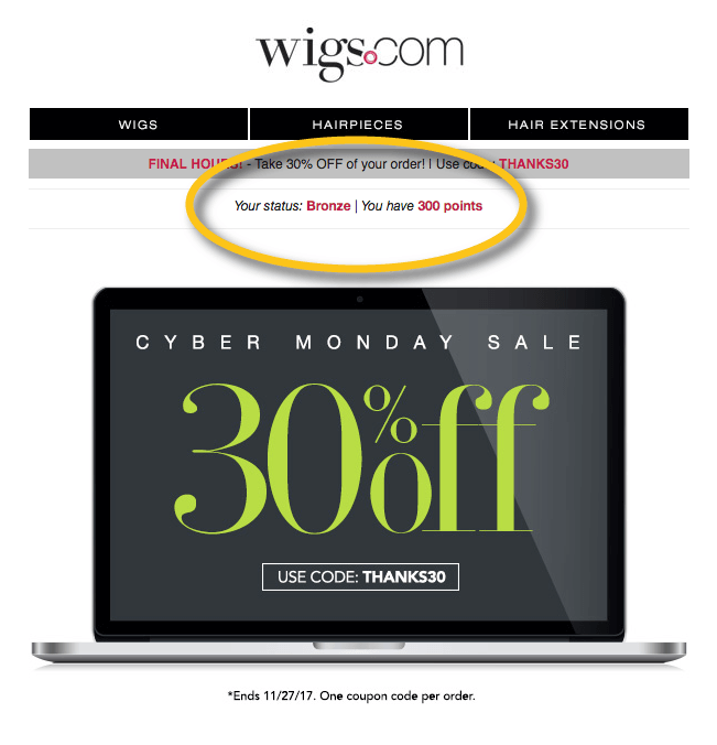 Wigs.com email with loyalty point balance and VIP tier Wigs.com email with loyalty point balance and VIP tier