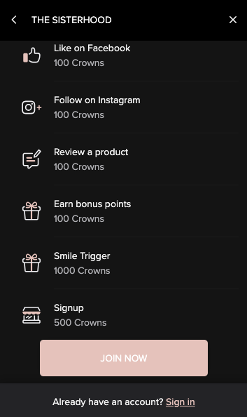 SHEFIT Sisterhood Rewards panel