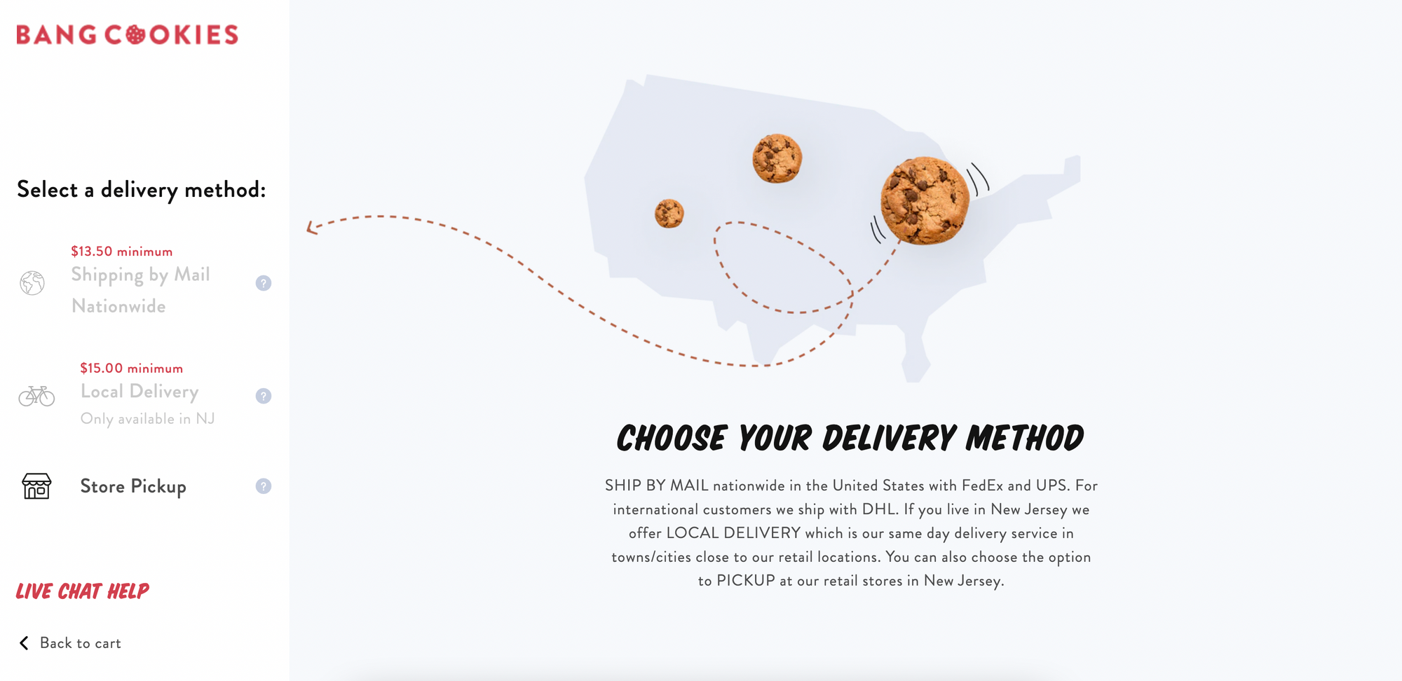 What is omnichannel commerce with examples - this is a screenshot of bang cookies and their different delivery methods with text saying “choose your delivery method.”