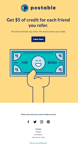 5 Ways to Increase Retention With Email & SMS Marketing - screenshot of postable with text saying "get $5 of credit for each friend you refer"