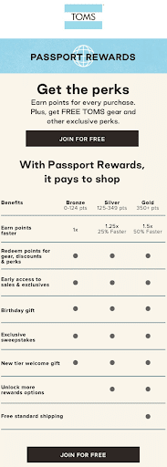 5 Ways to Increase Retention With Email & SMS Marketing - screenshot of TOMS passport rewards with text saying " Get the perks"