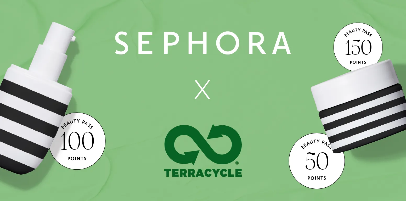 A screenshot from Sephora Australia’s website showing the Sephora X TerraCycle recycling program. There are images of branded Sephora products with graphics surrounding them saying Beauty Pass 50 points, Beauty Pass 100 points, and Beauty Pass 150 points, demonstrating eligible rewards for product recycling.