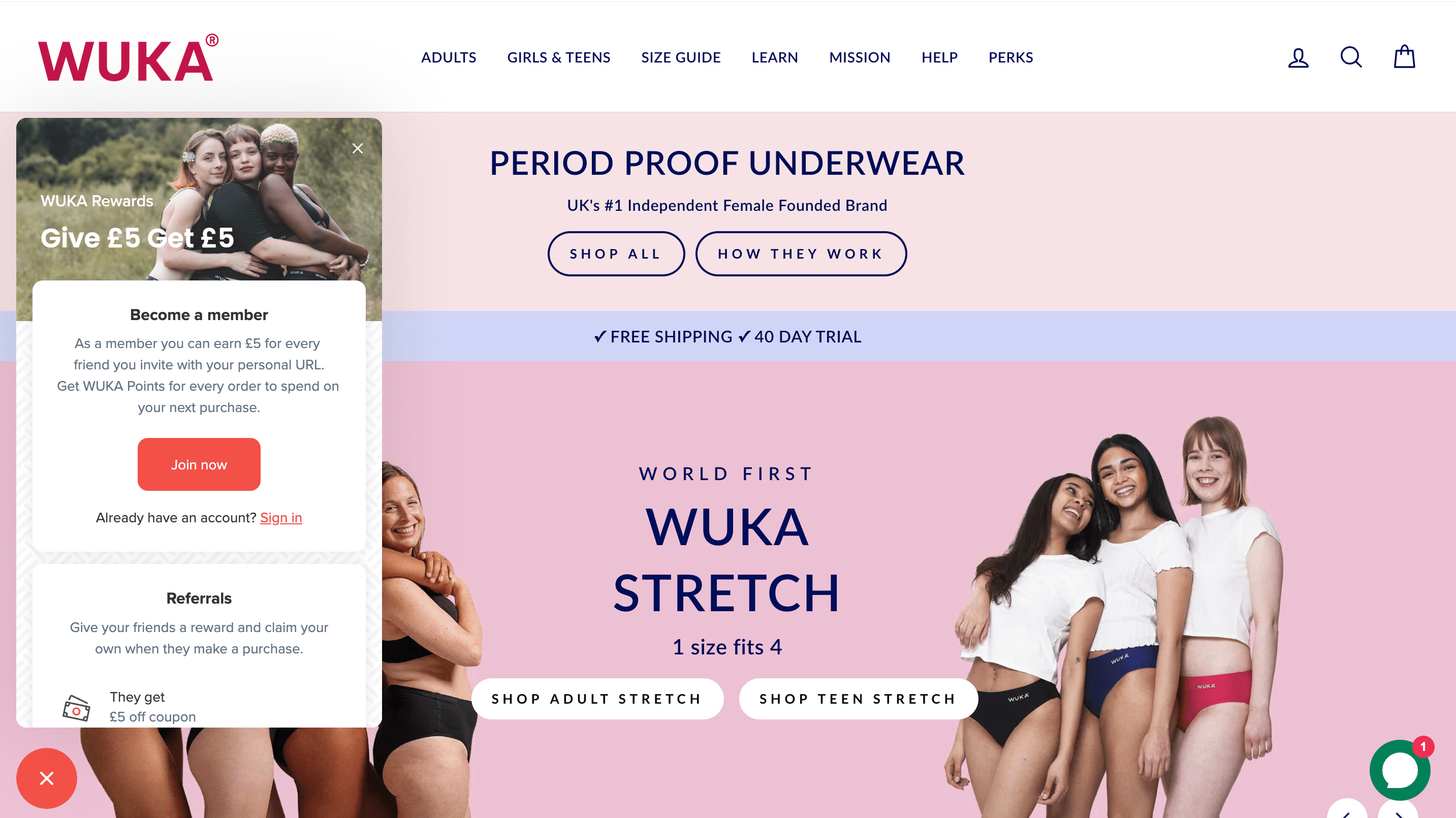 A screenshot from WUKA’s homepage of its website showing the referral rewards program panel. There are images of women wearing the period proof underwear and the message says: WUKA Rewards: Give £5, get £5.