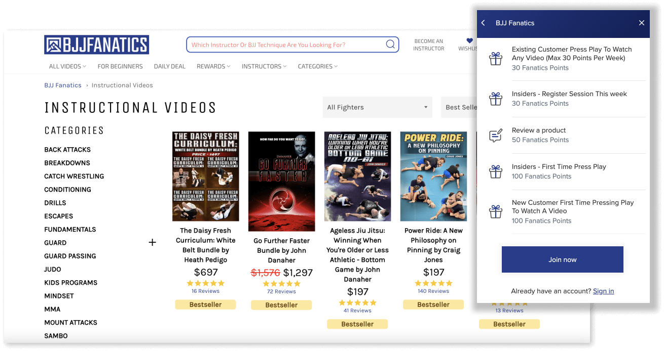 2 screenshots from BJJ Fanatics website. The first screenshot shows the page for All Instructional Videos, with virtual bundles offered at different prices. The second screenshot shows the rewards program panel with all the ways to earn points: existing customer press play to watch any video (max 30 points per week), Insiders - register session this week, review a product, Insiders - first time press play, and new customers first time pressing play to watch a video.