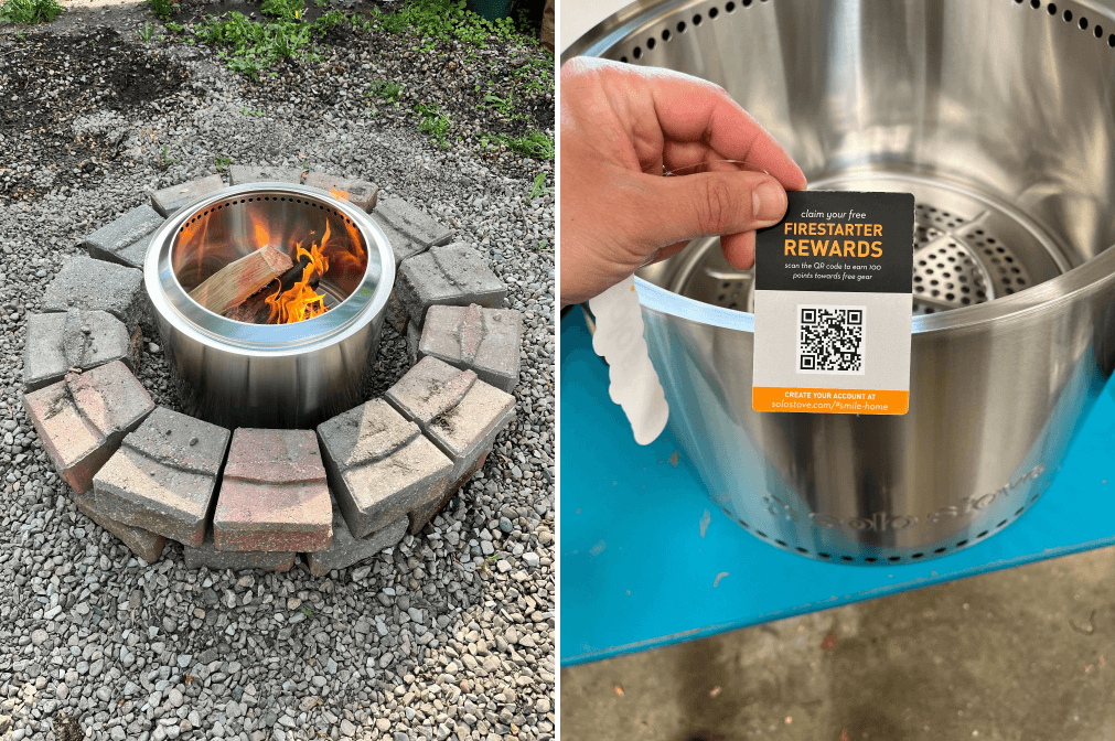 2 images side-by-side showing Solo Stove’s products. The first image is a bird’s eye view of the silver, metal stove with a small fire inside, surrounded by a fire pit made of bricks. The second image is a close-up shot of someone holding the tag attached to the product. The tag has a QR code with explainer text: Claim your free Firestarter Rewards. Scan the QR code to earn 100 points towards free gear. Create your account at solostove.com/#smile-home.