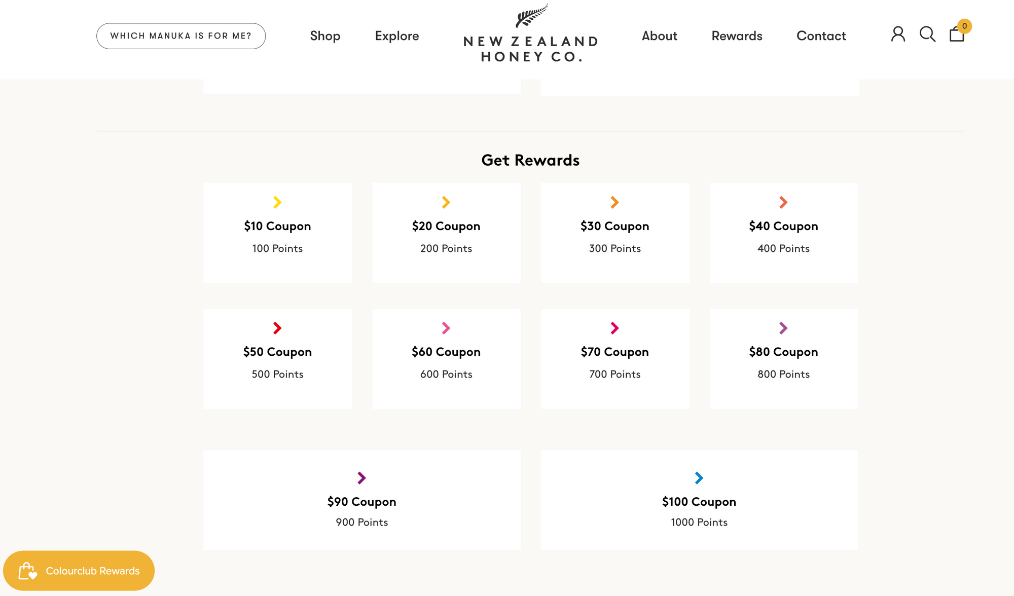 screenshot of new zealand honey co rewards page