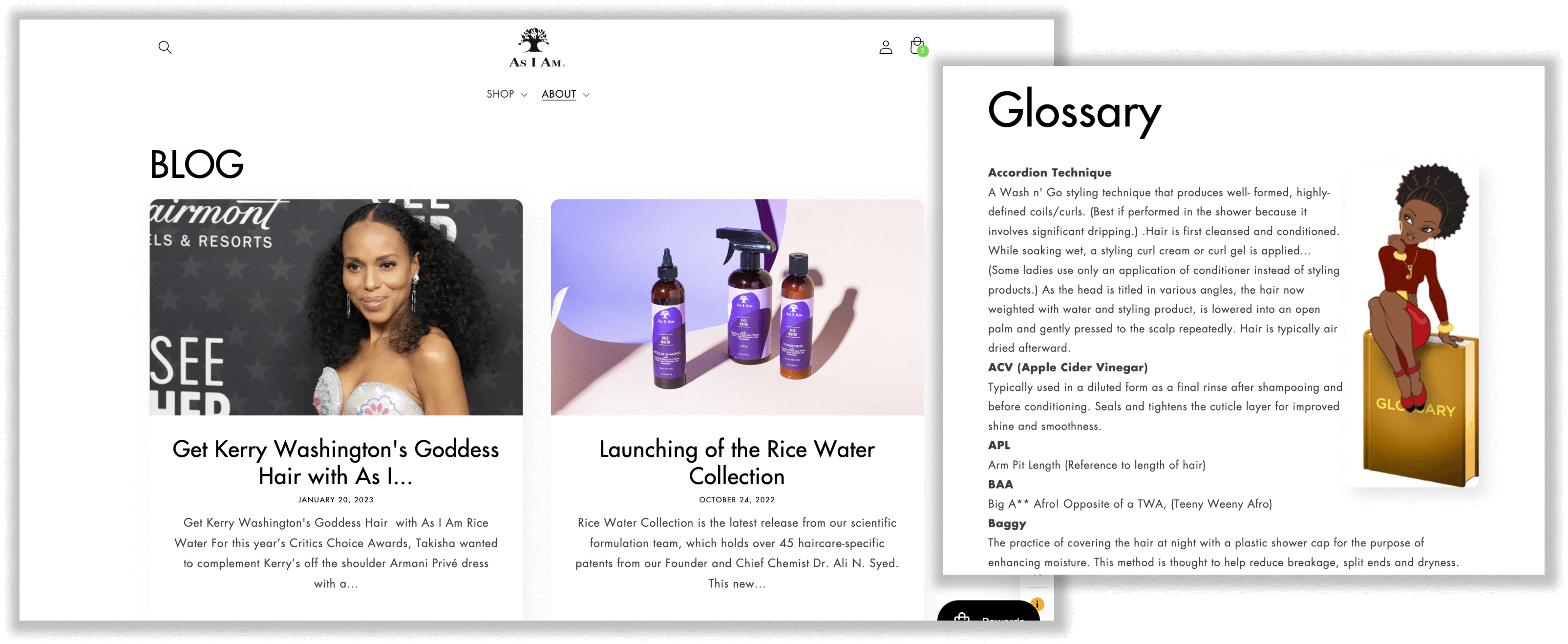 A screenshot from As I Am’s website showing its blog homepage and a glossary page of hair-related terms.