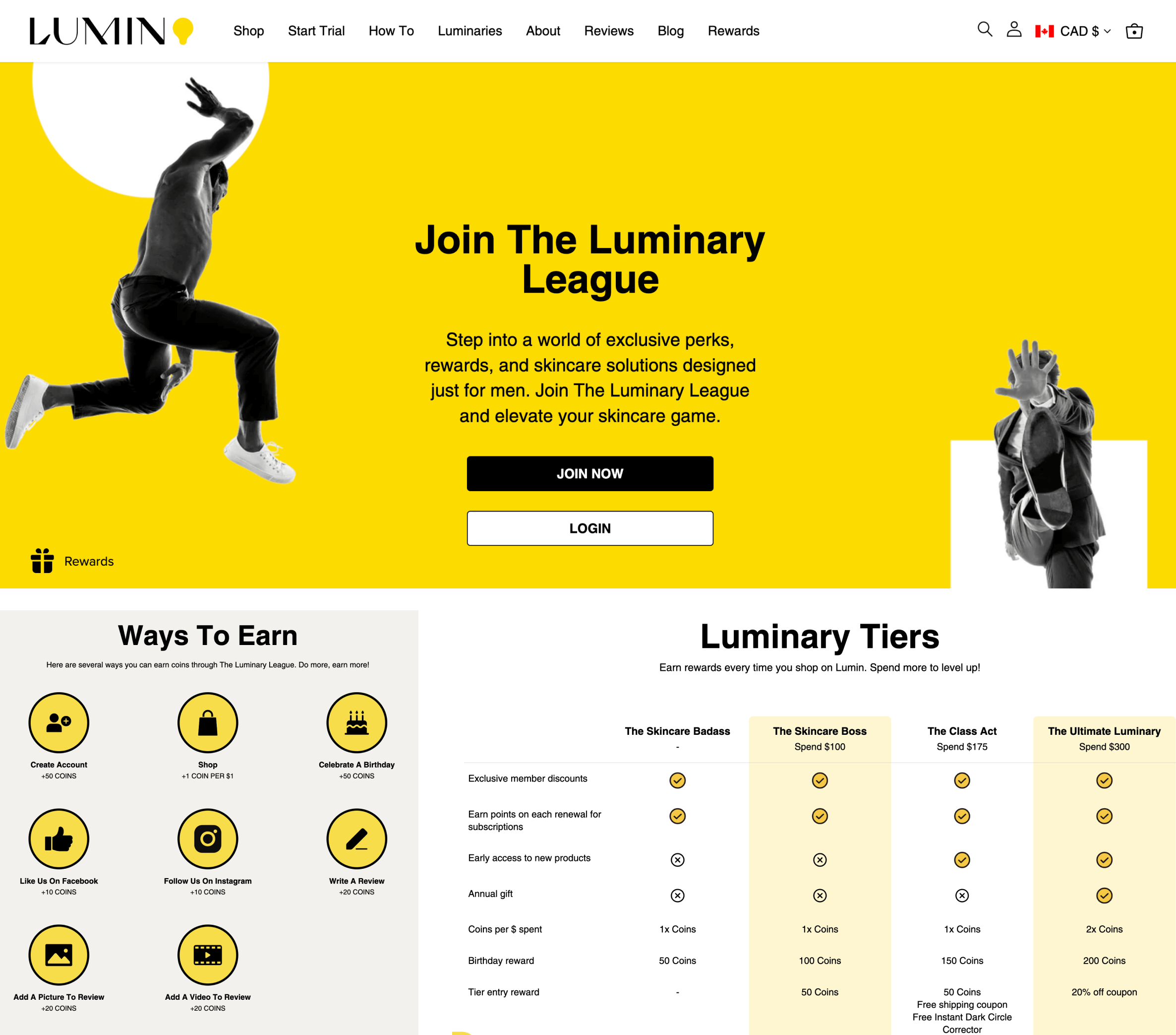 A screenshot from Lumin’s loyalty program explainer page showing the ways to earn points and a chart of the 4 VIP tiers and the benefits for each.