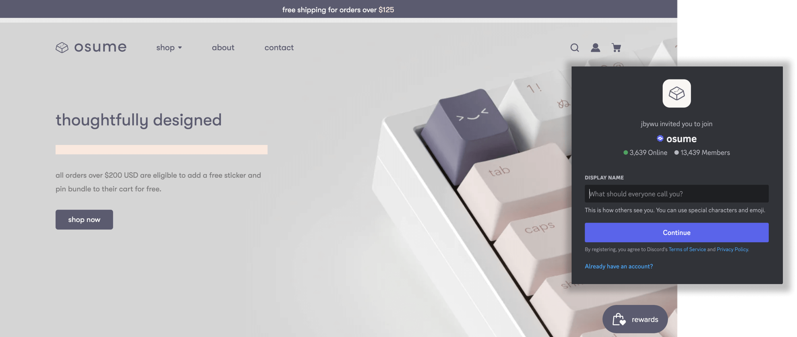 A screenshot of Osume’s homepage showing the invite to its Discord community.