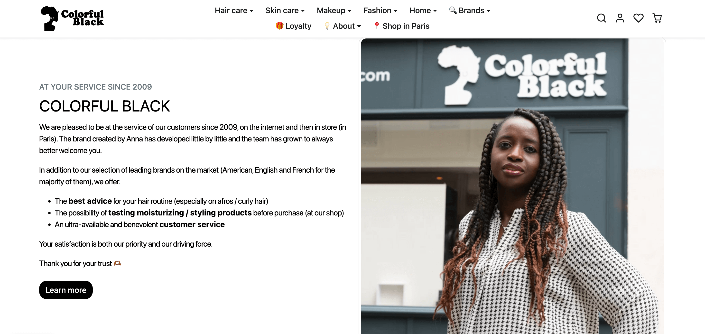 Mental Wellness Brands for World Mental Health Day–A screenshot of Colorful Black’s homepage showing an explanation of the brand’s history and a headshot of the founder.