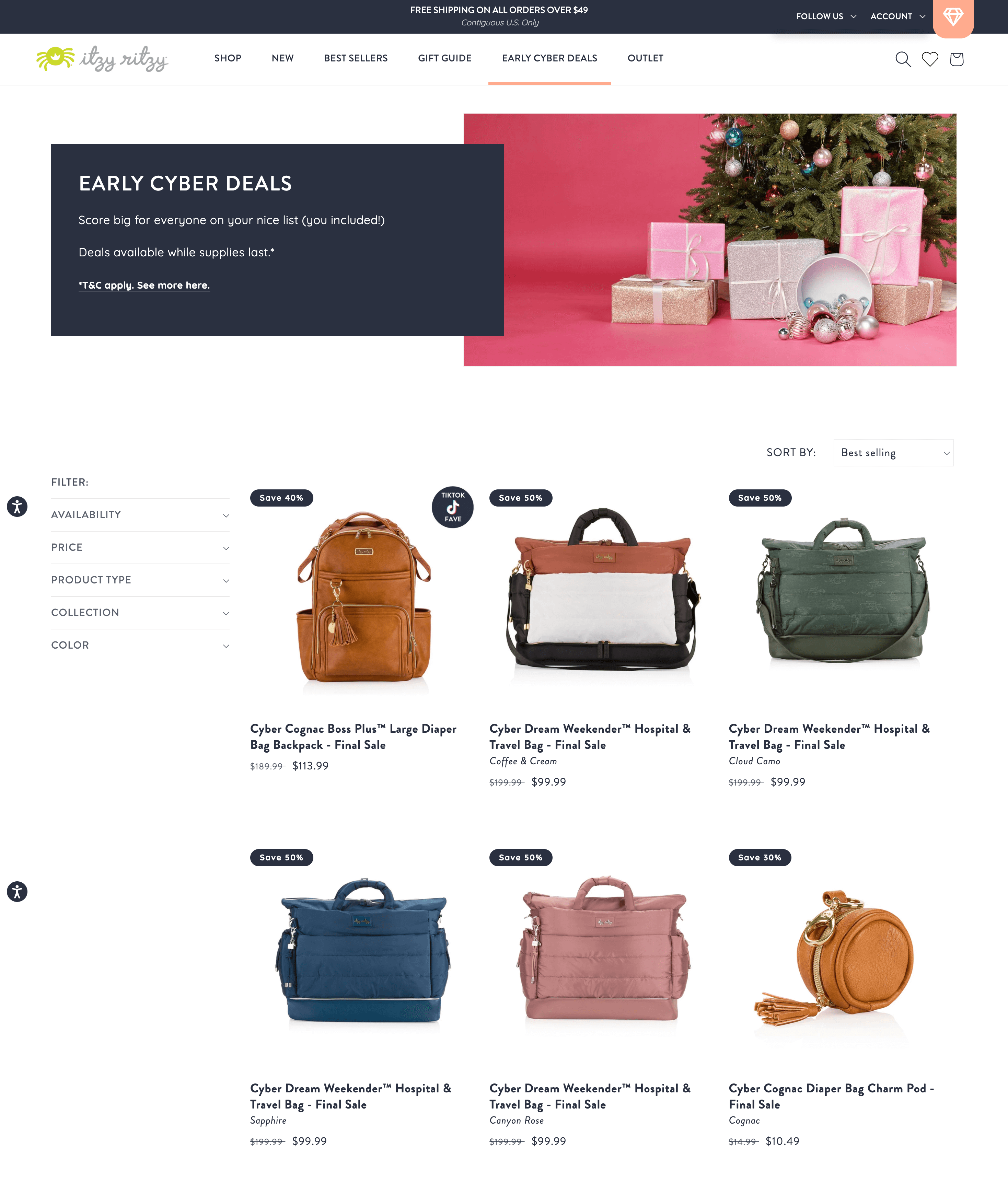 A screenshot from Itzy Ritzy’s Early Cyber Deals page on its website. It shows a product catalog page of some of its best sellers that are discounted for Black Friday Cyber Monday.&nbsp;
