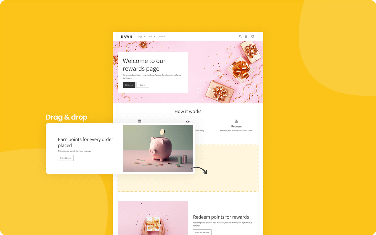 A graphic illustrating the landing page builder included in Smile.io. It shows a sample landing page and highlights how each block is easily customizable by dragging and dropping.