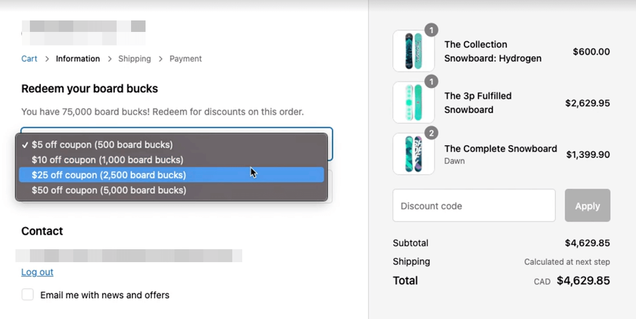 A screenshot of the points redemption checkout extension on a sample Shopify Plus checkout page. It shows a dropdown of the eligible rewards and how many points are needed for each.