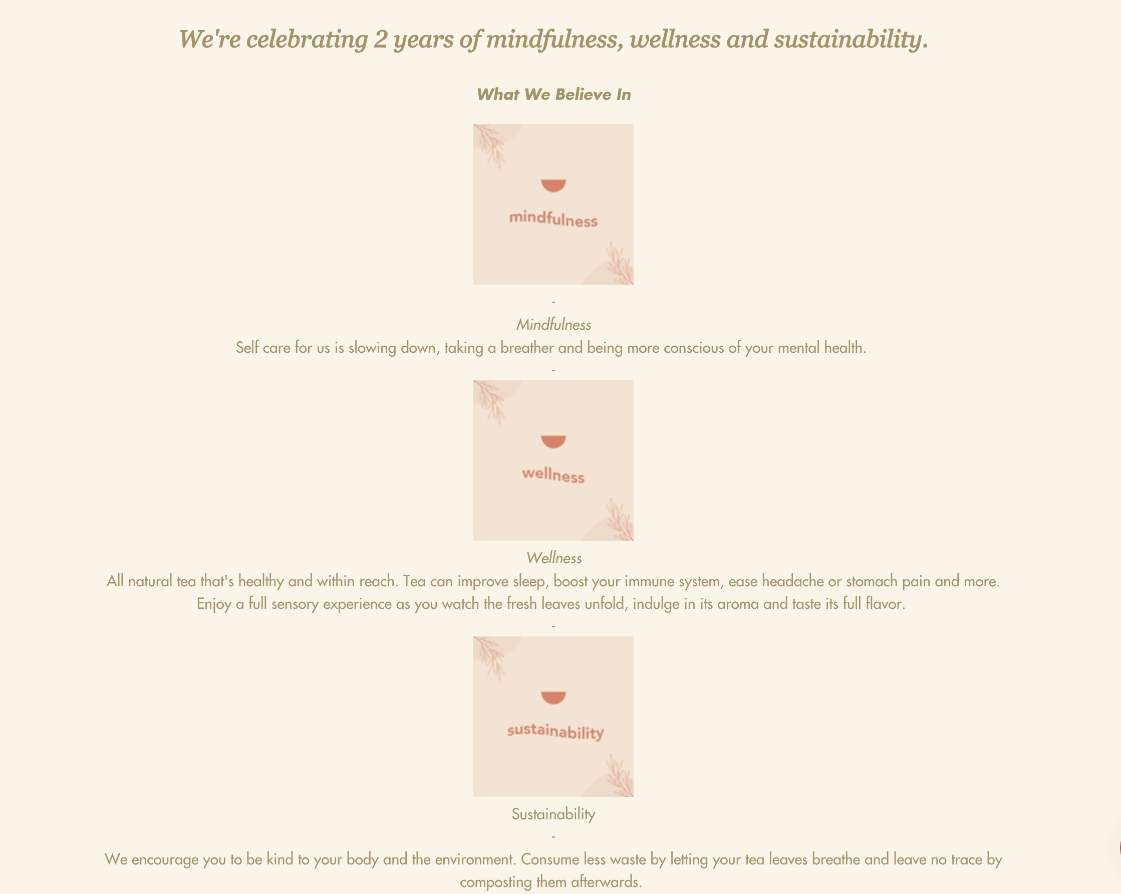 Mental Wellness Brands for World Mental Health Day–A screenshot of Pyur Tea’s About Me page titled, “We’re celebrating 2 years of mindfulness, wellness, and sustainability.” 