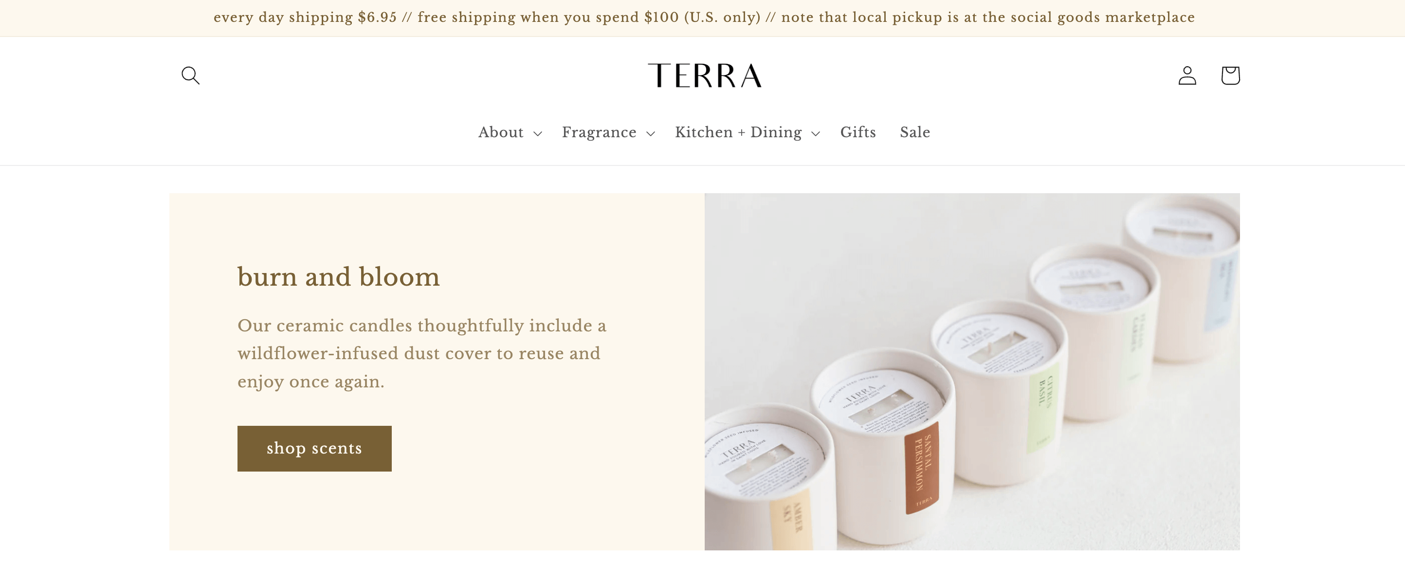 Mental Wellness Brands for World Mental Health Day–A screenshot of TERRA’s homepage showing several of its minimalist ceramic candles.&nbsp;