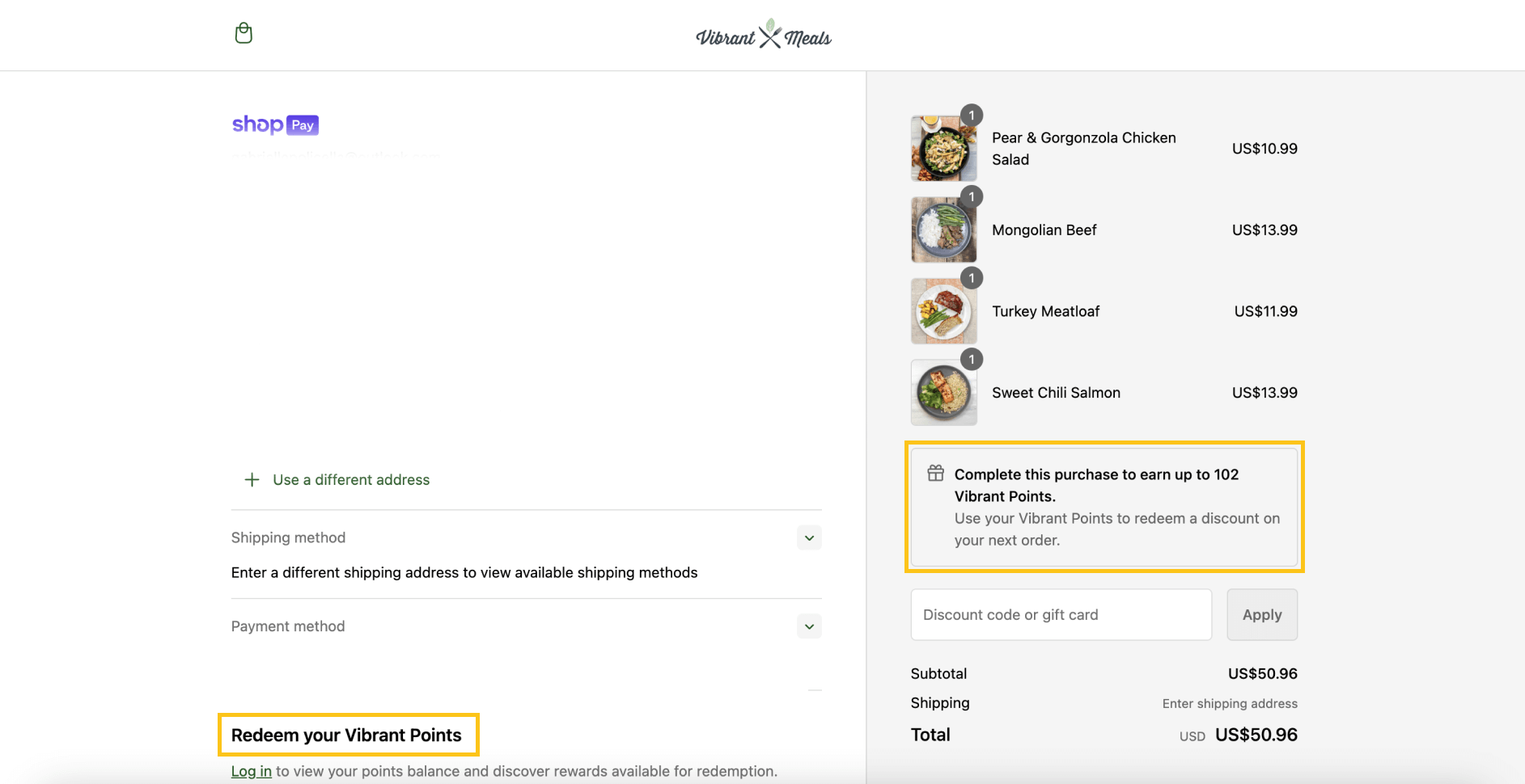 A screenshot of Vibrant Meals’ checkout page showing a message indicating that the customer would earn 102 points if they completed the purchase.