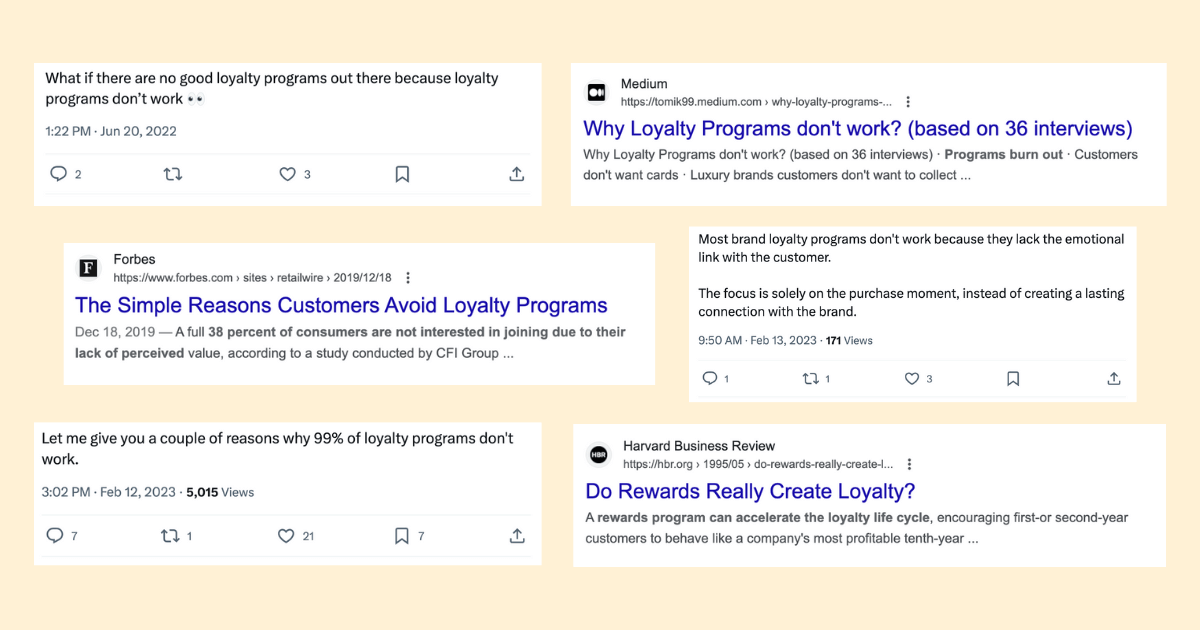 A graphic showing tweets and online articles from Harvard Business Review, Medium, and Forbes showing negative sentiment about loyalty programs.&nbsp;