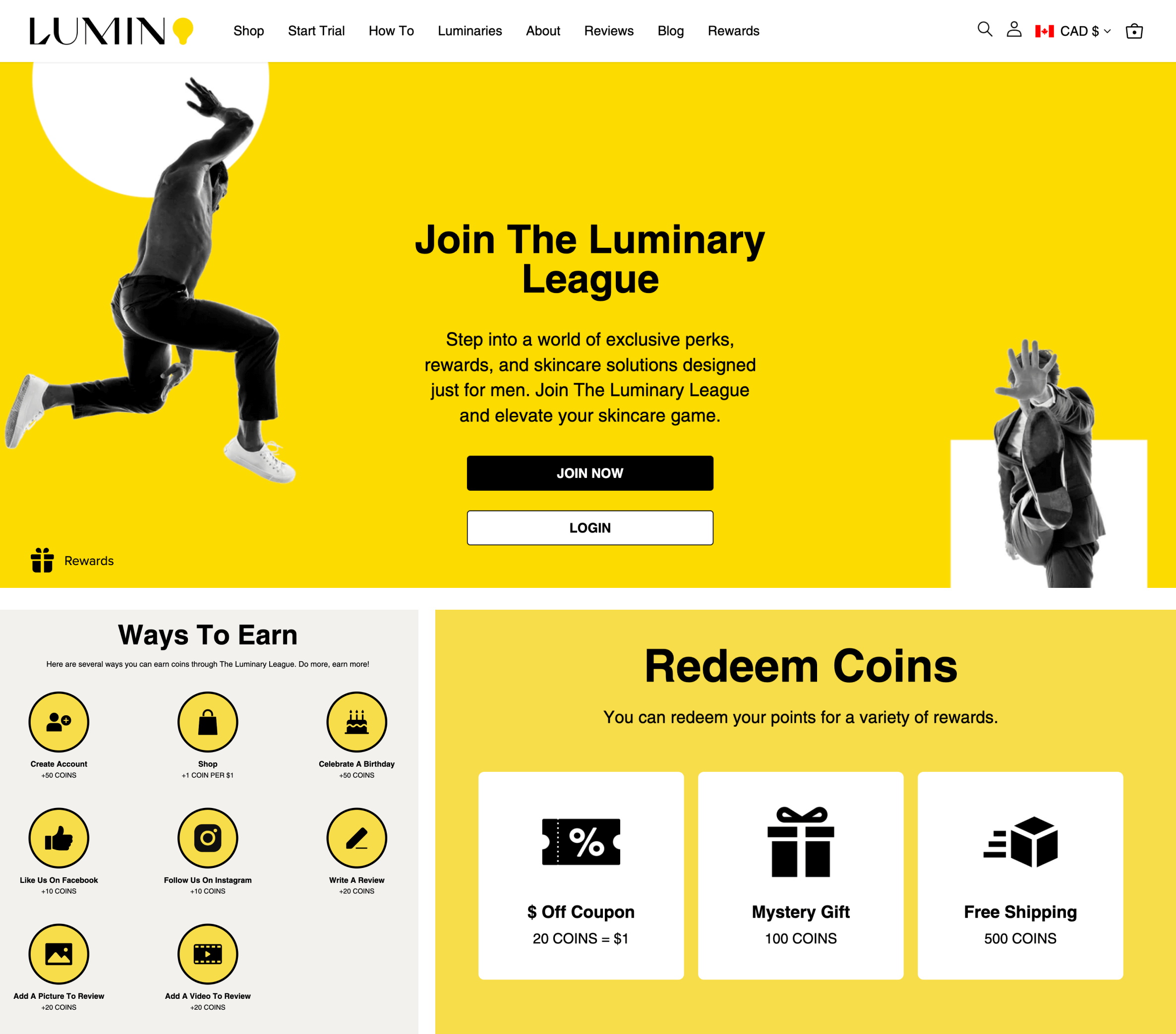 A screenshot of Lumin's rewards program explainer page showing how to earn and redeem points.