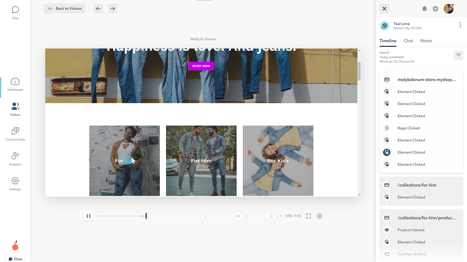 screenshot of a session recording from lucky orange shopify app