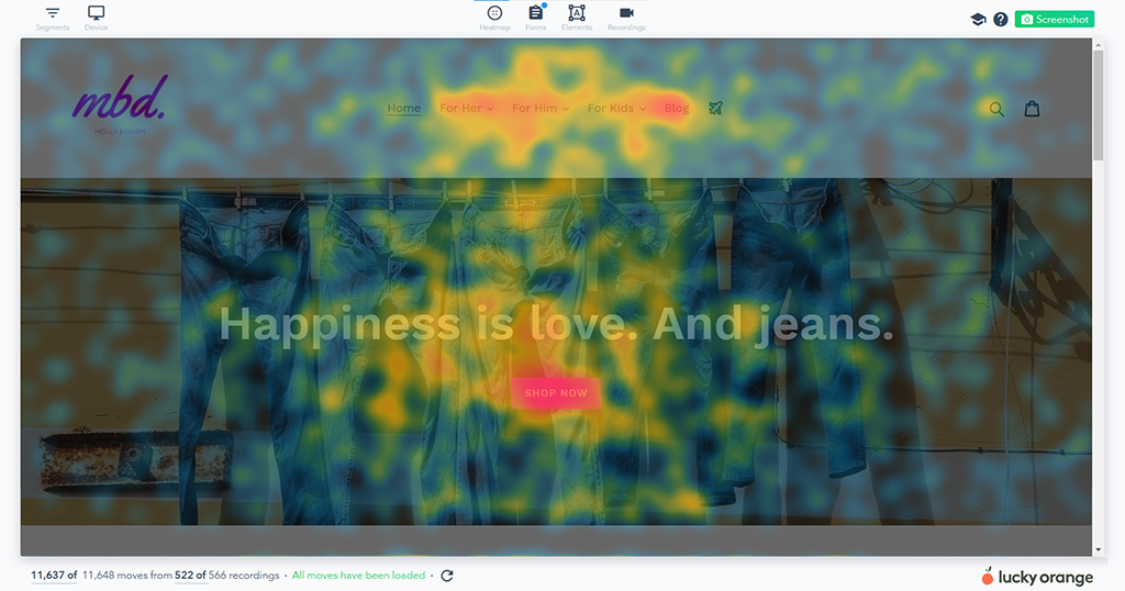 screenshot of lucky orange shopify app heatmap