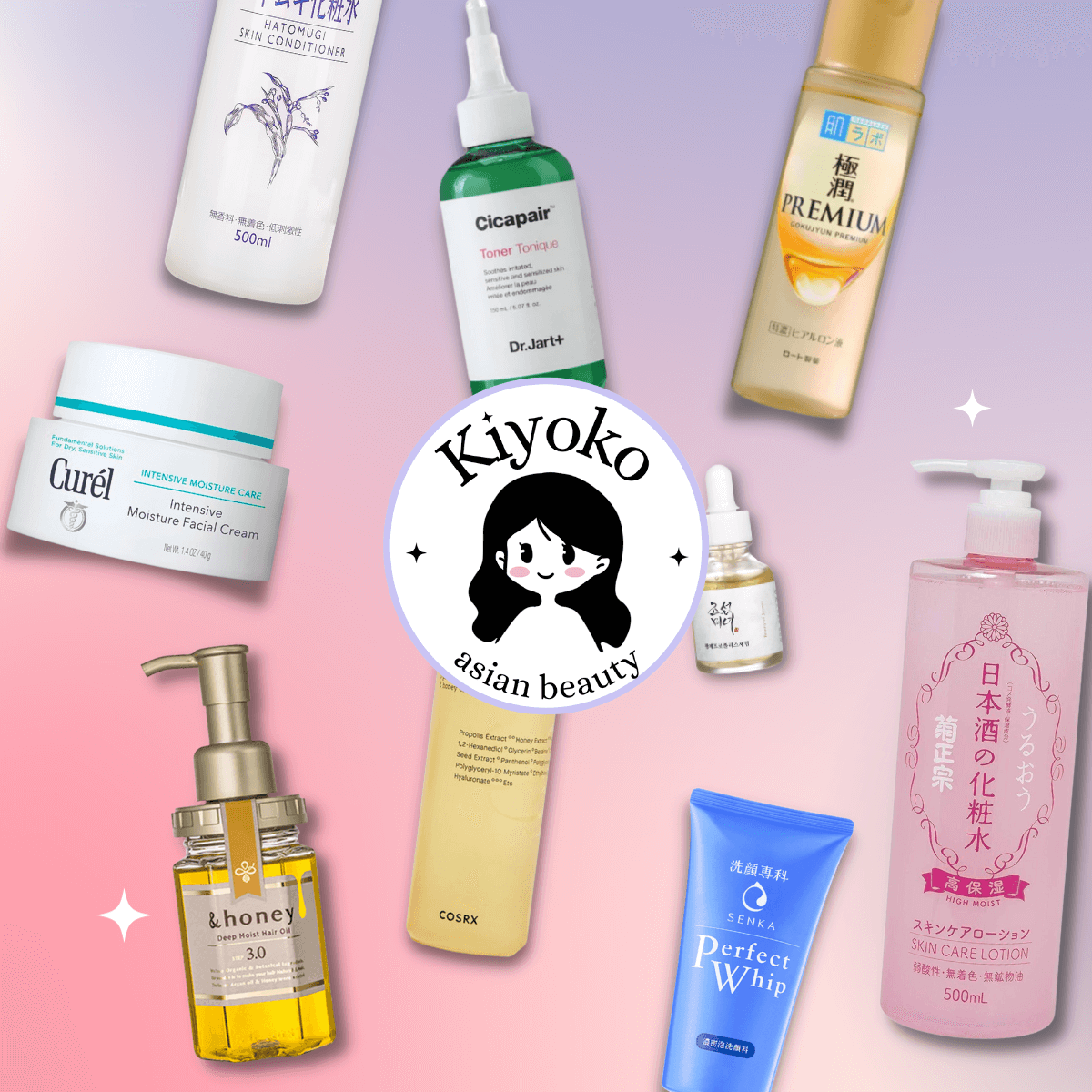 A branded image showing several Korean and Japanese beauty products on a gradient pink background with the Kiyoko Beauty logo in the middle.