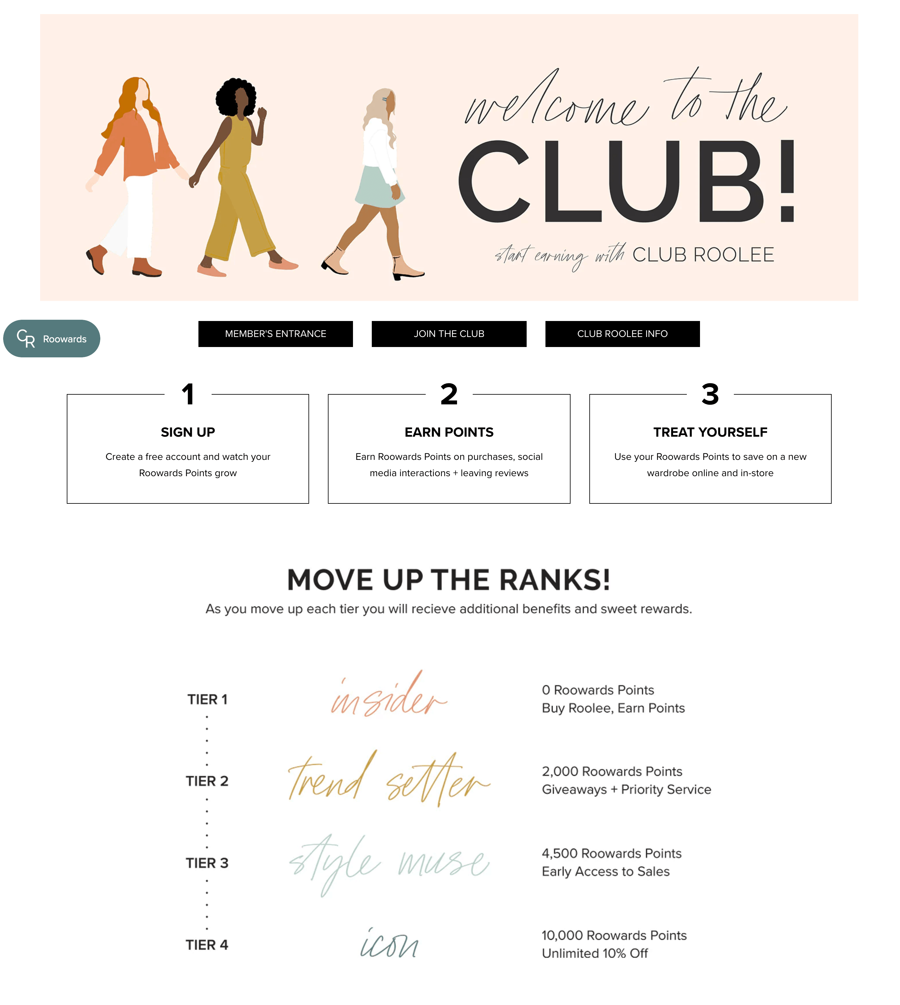 A screenshot of Roolee’s rewards program explainer page showing how the program rules work and its 4 VIP tiers.