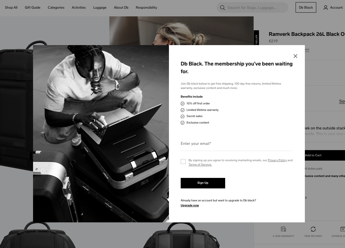 screenshot of ecommerce store Db and its loyalty program