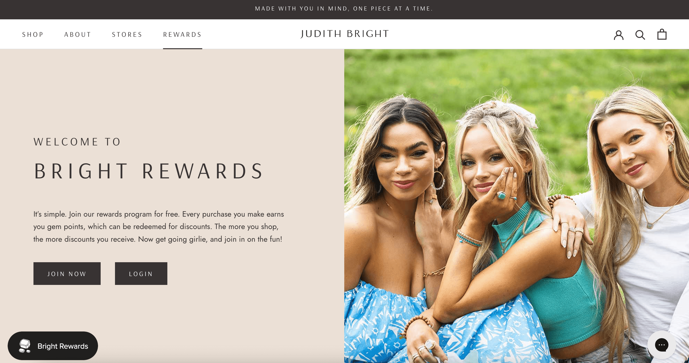 A screenshot of Judith Bright’s rewards program explainer page showing some text explaining the program and an image of 3 women wearing jewelry.