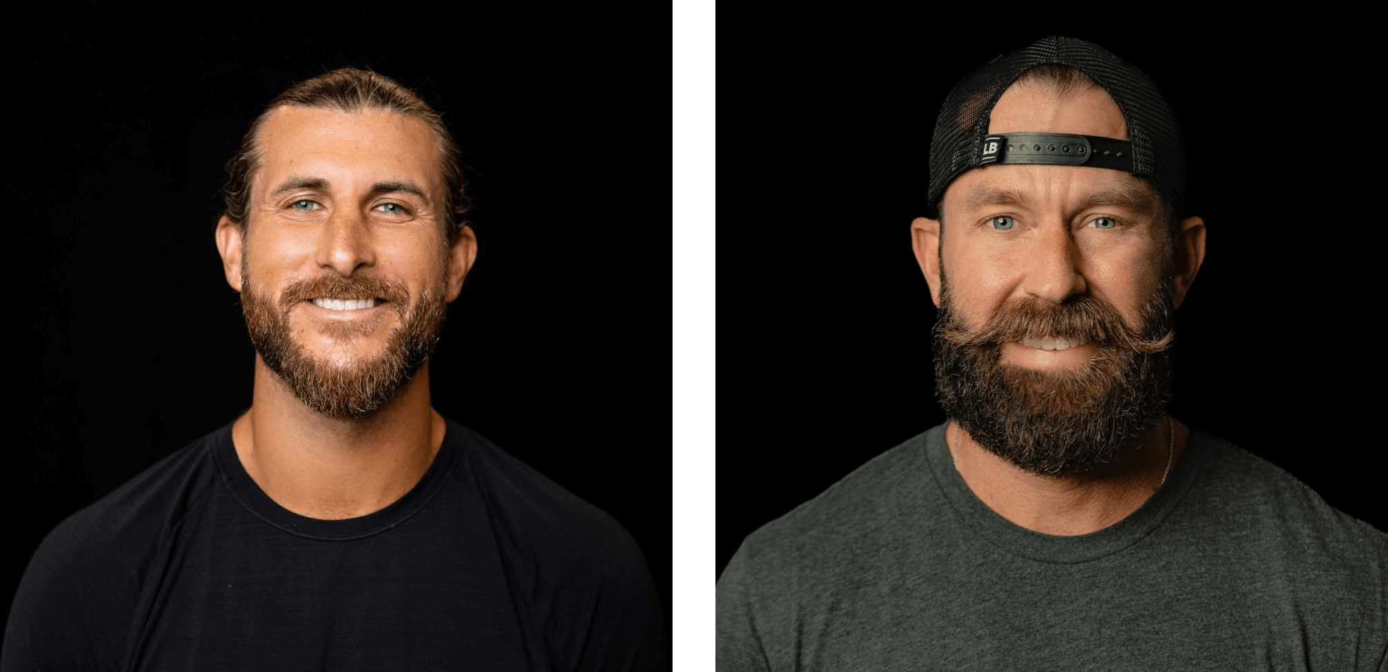 Side-by-side headshots of the Live Bearded founders Anthony Mink and Spencer Davis. They are smiling in front of a black backdrop, and both of them have beards and mustaches.&nbsp;