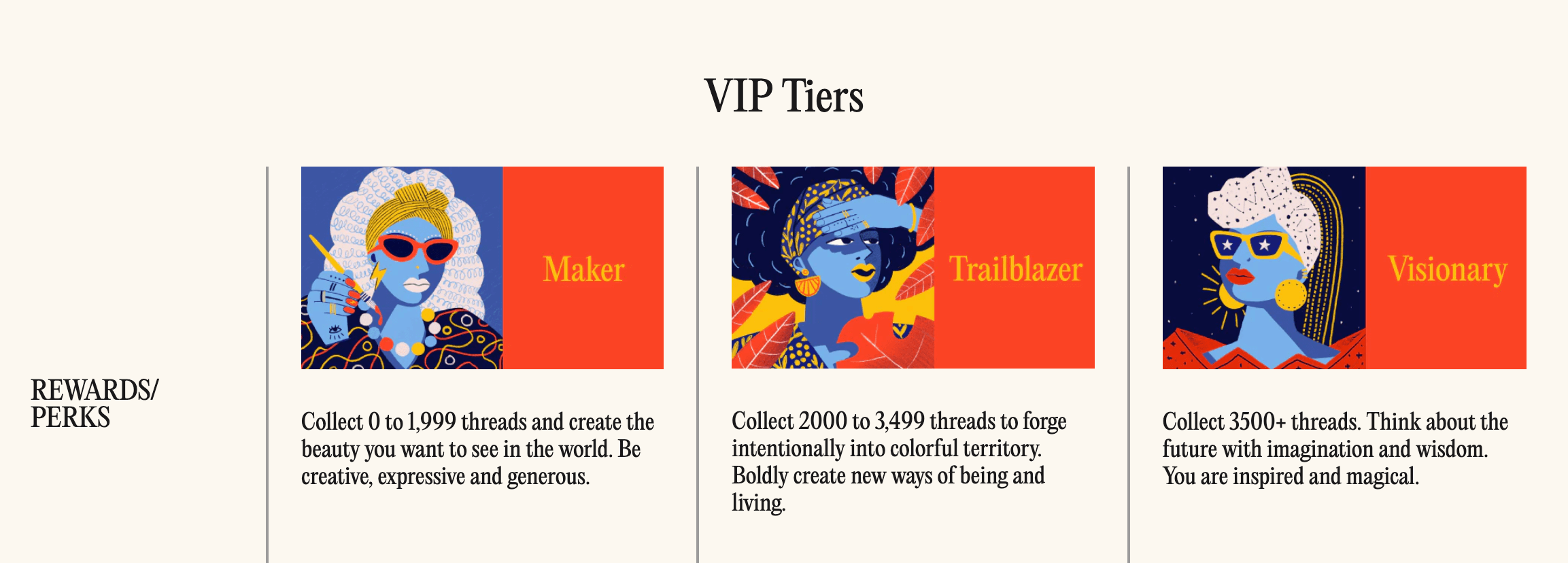 A screenshot of the Unwrap Rewards explainer page showing the 3 VIP tiers, with a description of the rewards and perks of each.