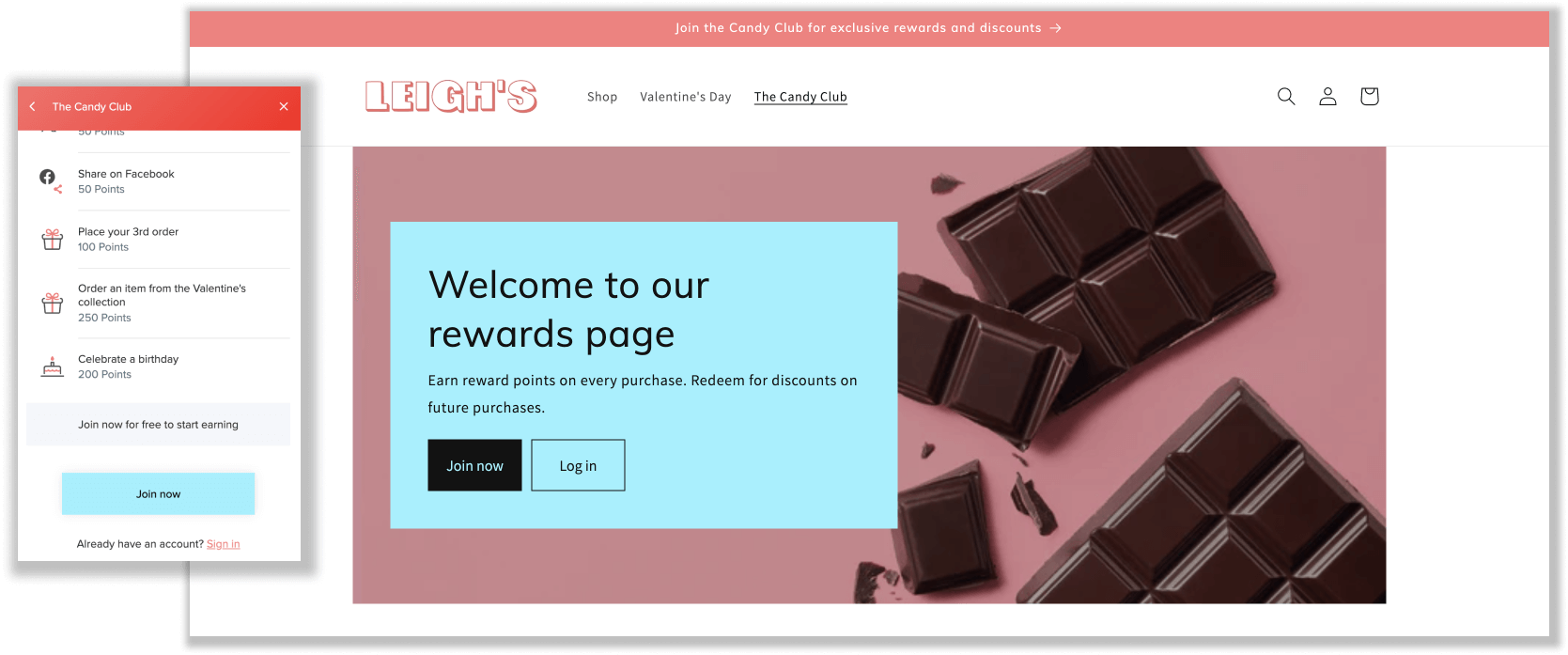 A screenshot of a loyalty program explainer page and the rewards panel showing how to earn points. Custom actions include placing a third order and ordering from the Valentine’s Day collection.