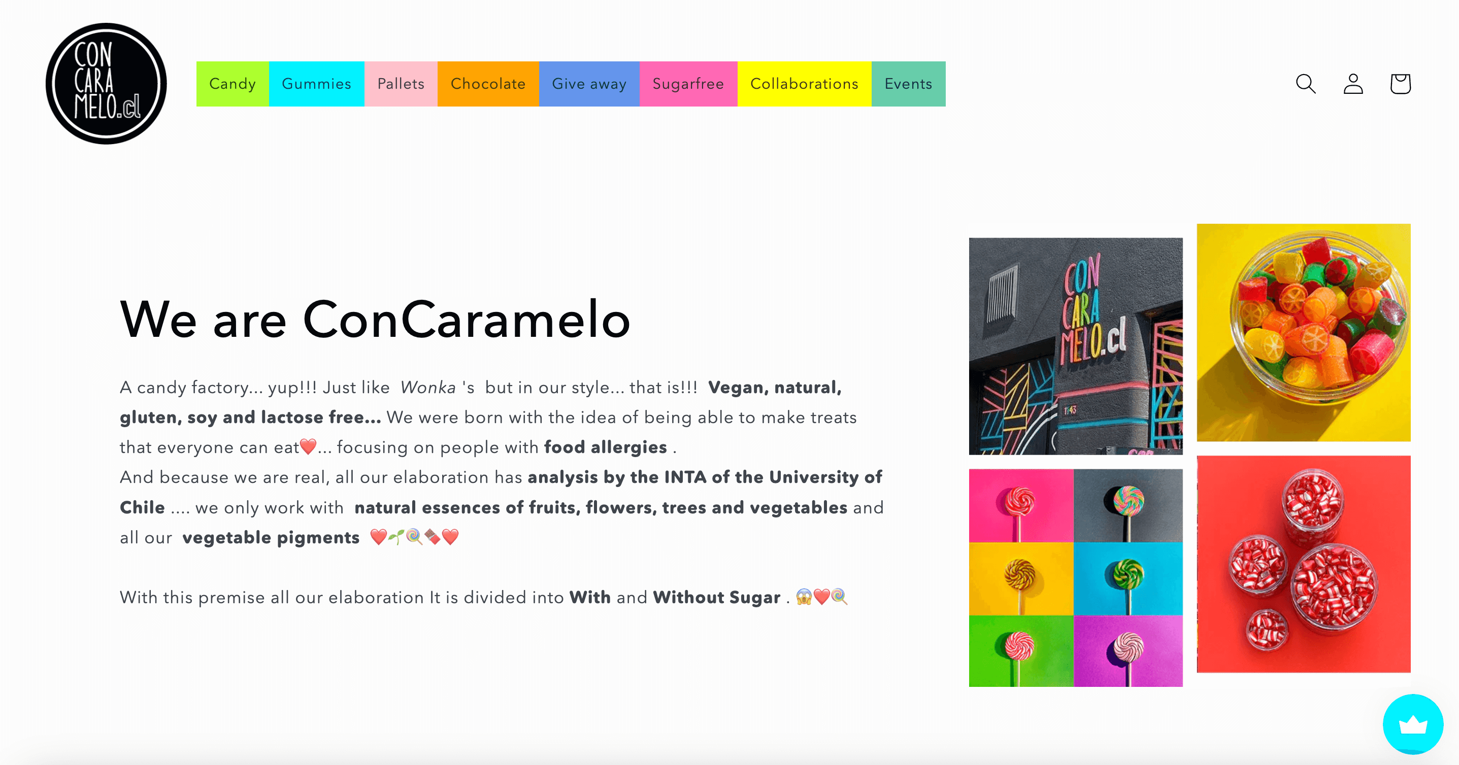 Valentine’s Day Gift Guide–A screenshot from Con Caramelo’s homepage explaining the brand. It highlights product characteristics like using natural essences of fruits, flowers, trees, and vegetables.&nbsp;