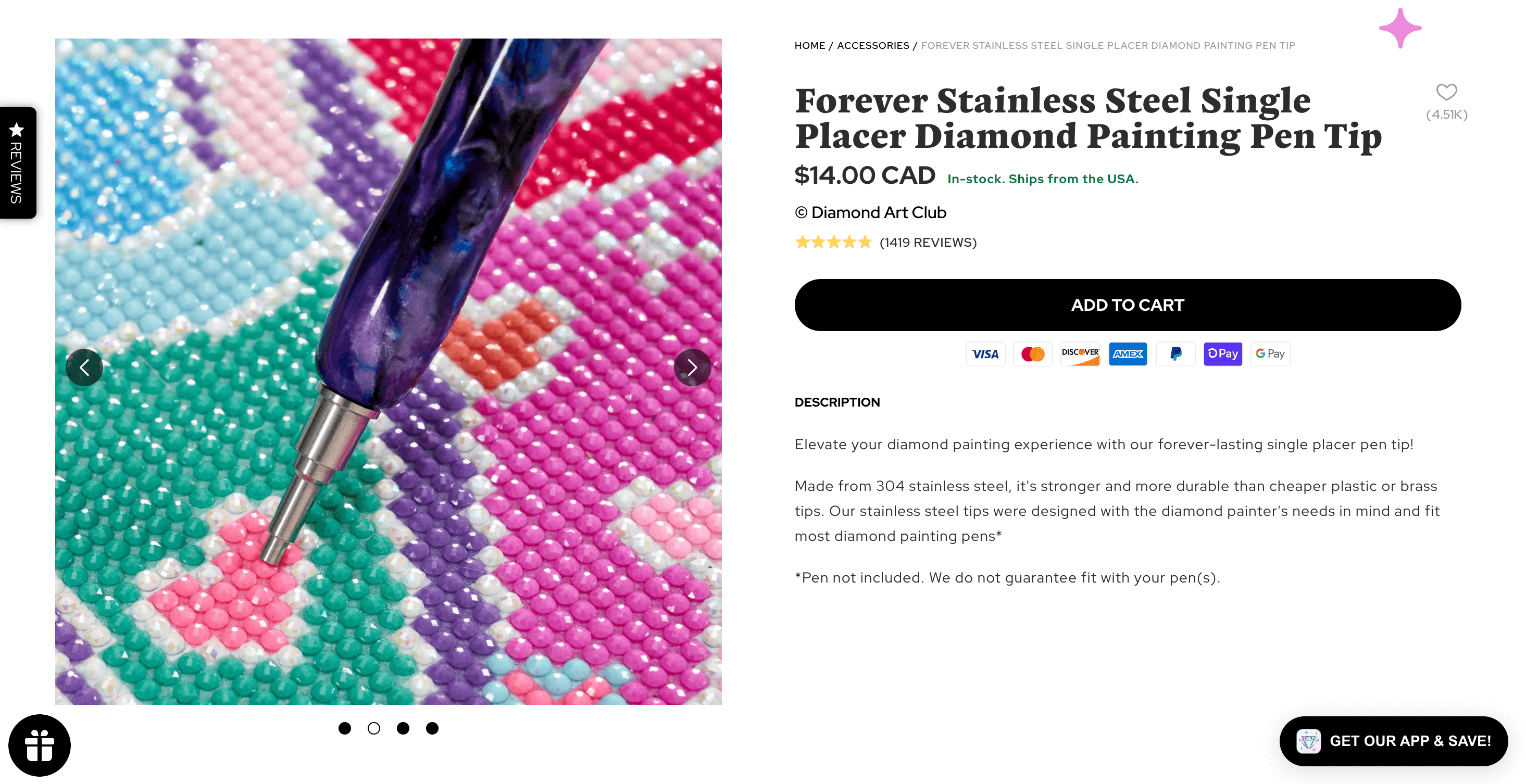 A screenshot of the product page for the Forever Stainless Steel Single Placer Diamond Painting Pen Tip.&nbsp;