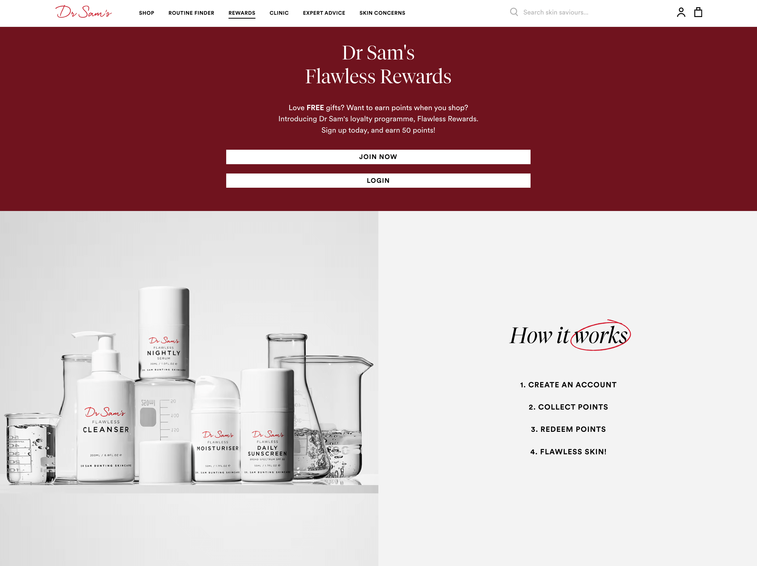 A screenshot of Dr. Sam’s Flawless rewards rewards program explainer page with multiple calls to action to join the program.