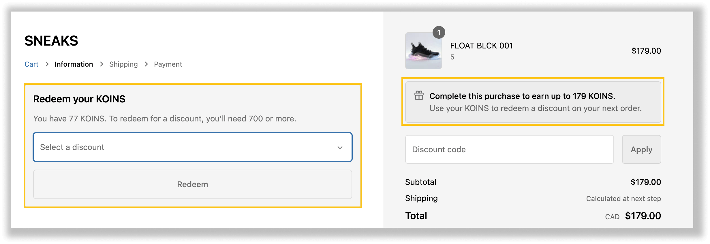 A screenshot of a Shopify checkout page highlighting 2 app blocks. One tells customers how many more points they need to redeem a discount, and the other shows how many points they’ll earn on that purchase.