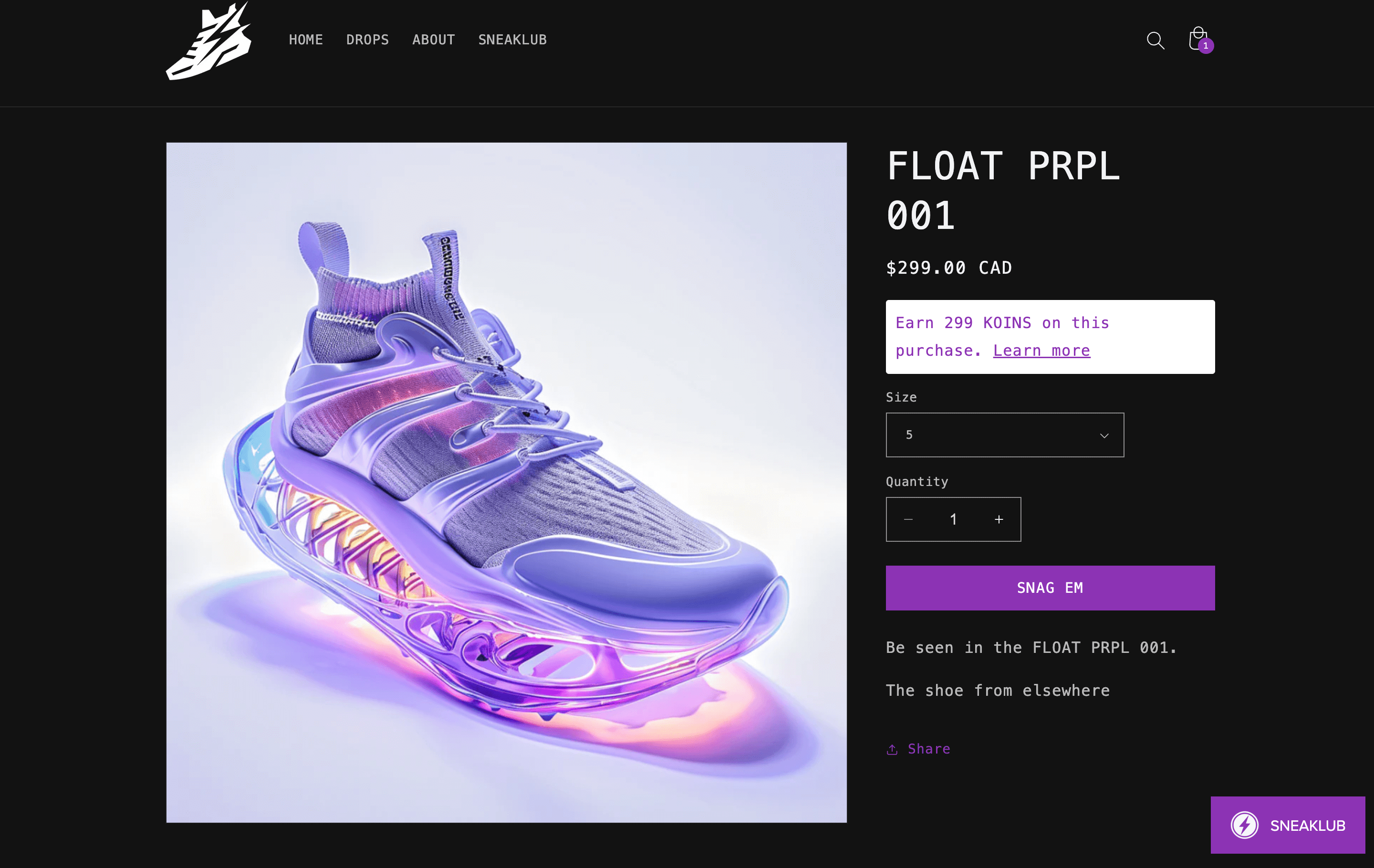 A screenshot of a sneaker product page showing that customers could earn 299 points on that purchase.