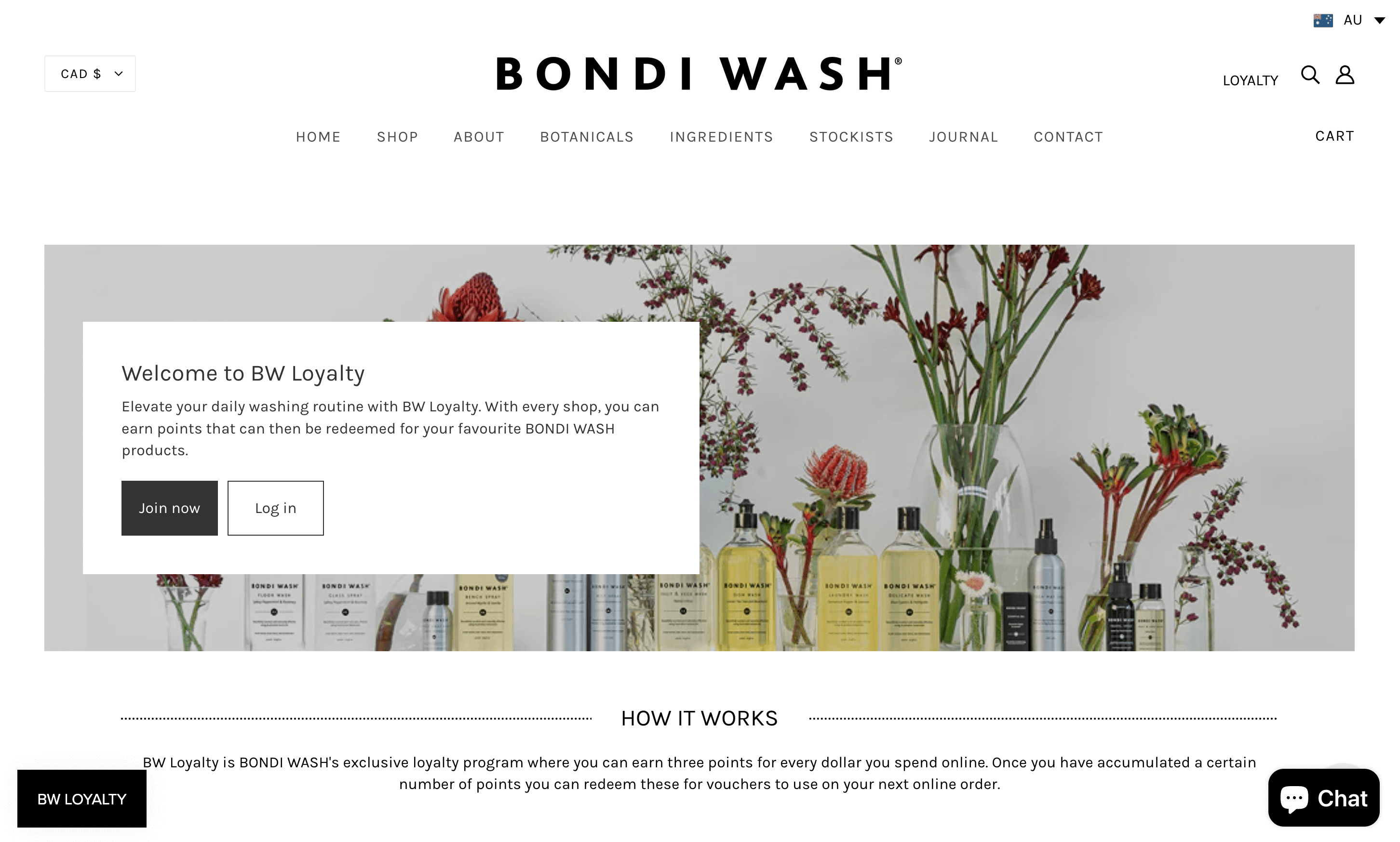 A screenshot from Bondi Wash’s loyalty program explainer page, inviting readers to join or log in to their program account.