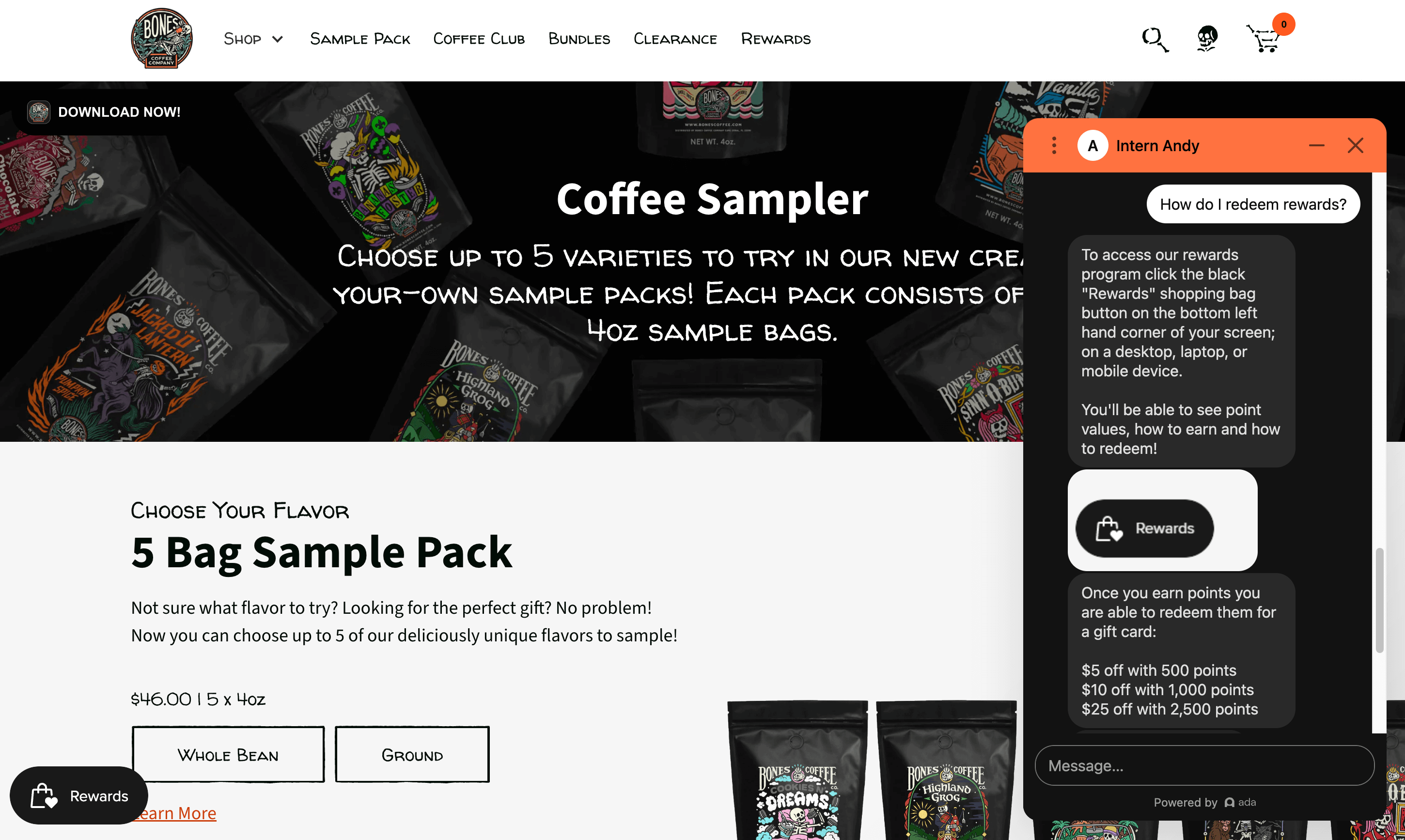 A screenshot from Bones Coffee’s website showing a live chat box powered through Gorgias. The customer asked how to redeem rewards and the response walks them through the loyalty program redemption process.