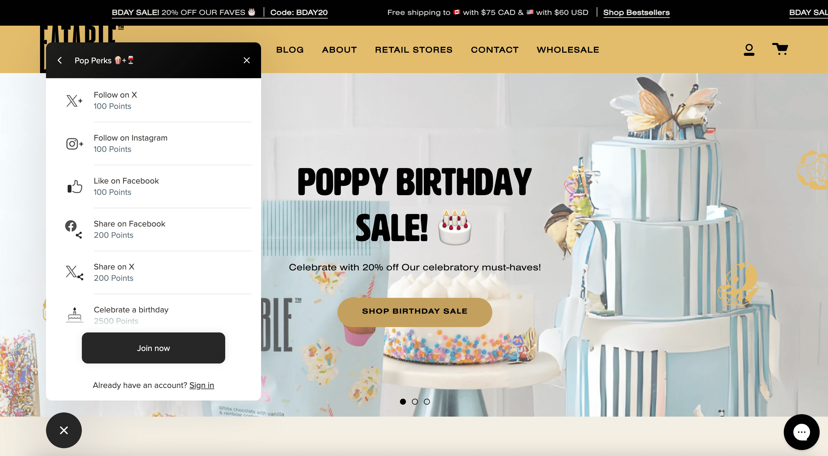 A screenshot from EATABLE’s website showing the ways to earn points, including following the brand on X, Instagram, and Facebook and sharing on Facebook or X.