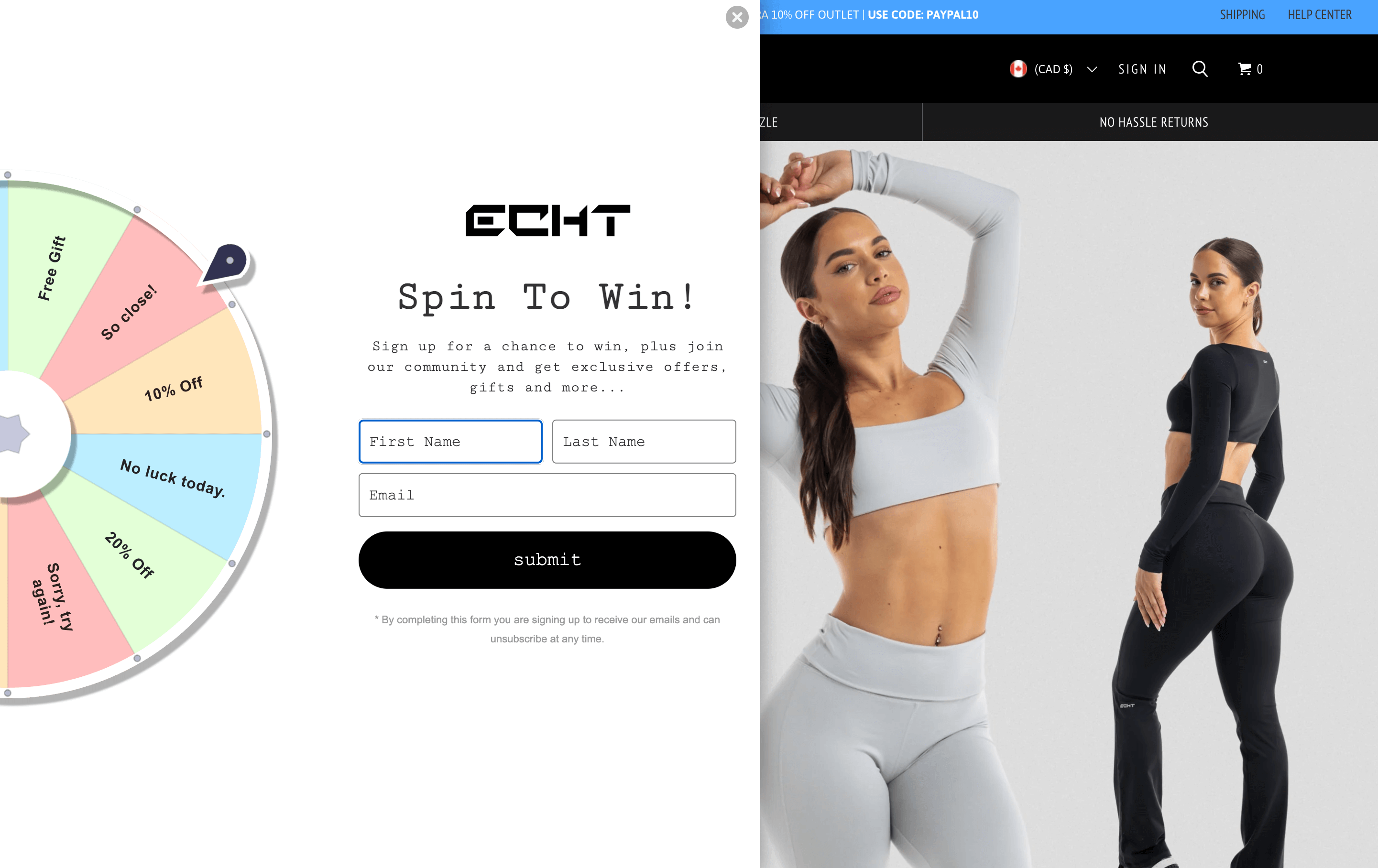 A screenshot from Echt’s homepage showing a pop-up of a spinning wheel offering multiple discount options. The call to action is Spin to Win.