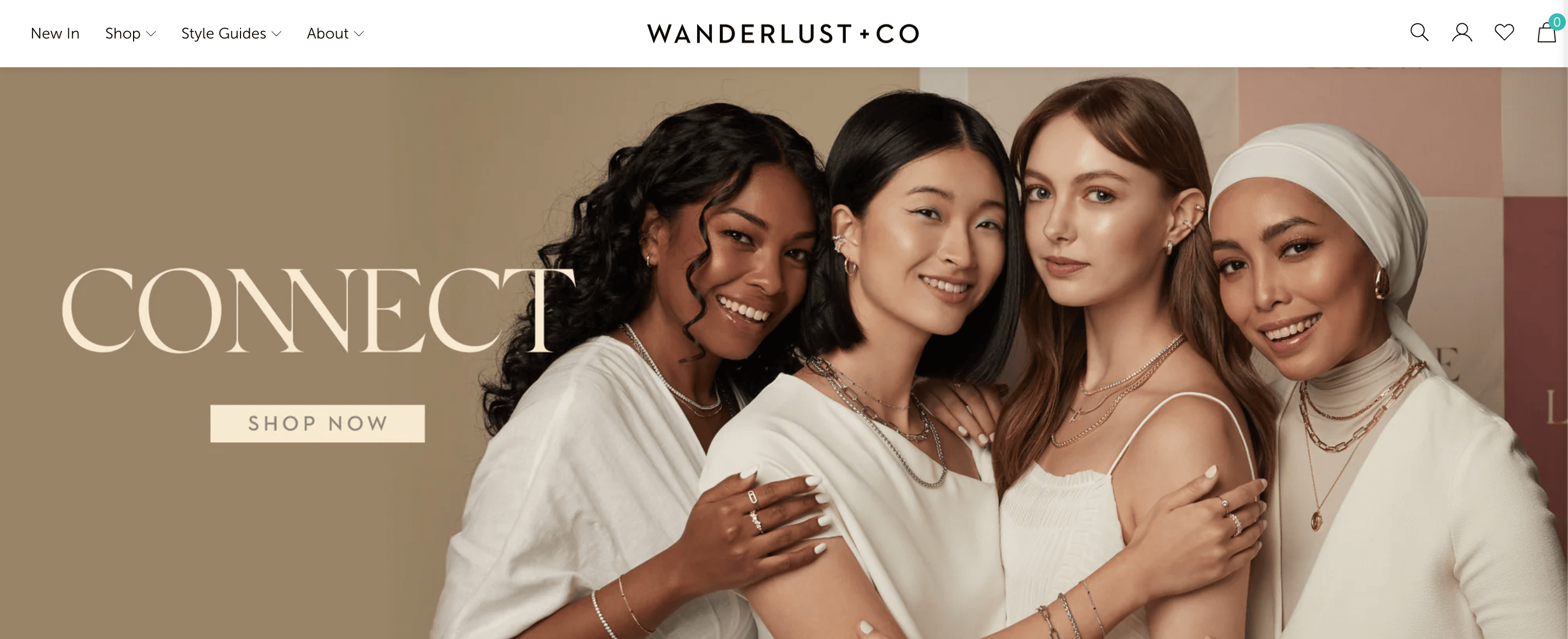 A screenshot of Wanderlust + Co.’s homepage showing an image of 4 diverse women wearing jewelry, posing together. The word Connect is next to the image.&nbsp;