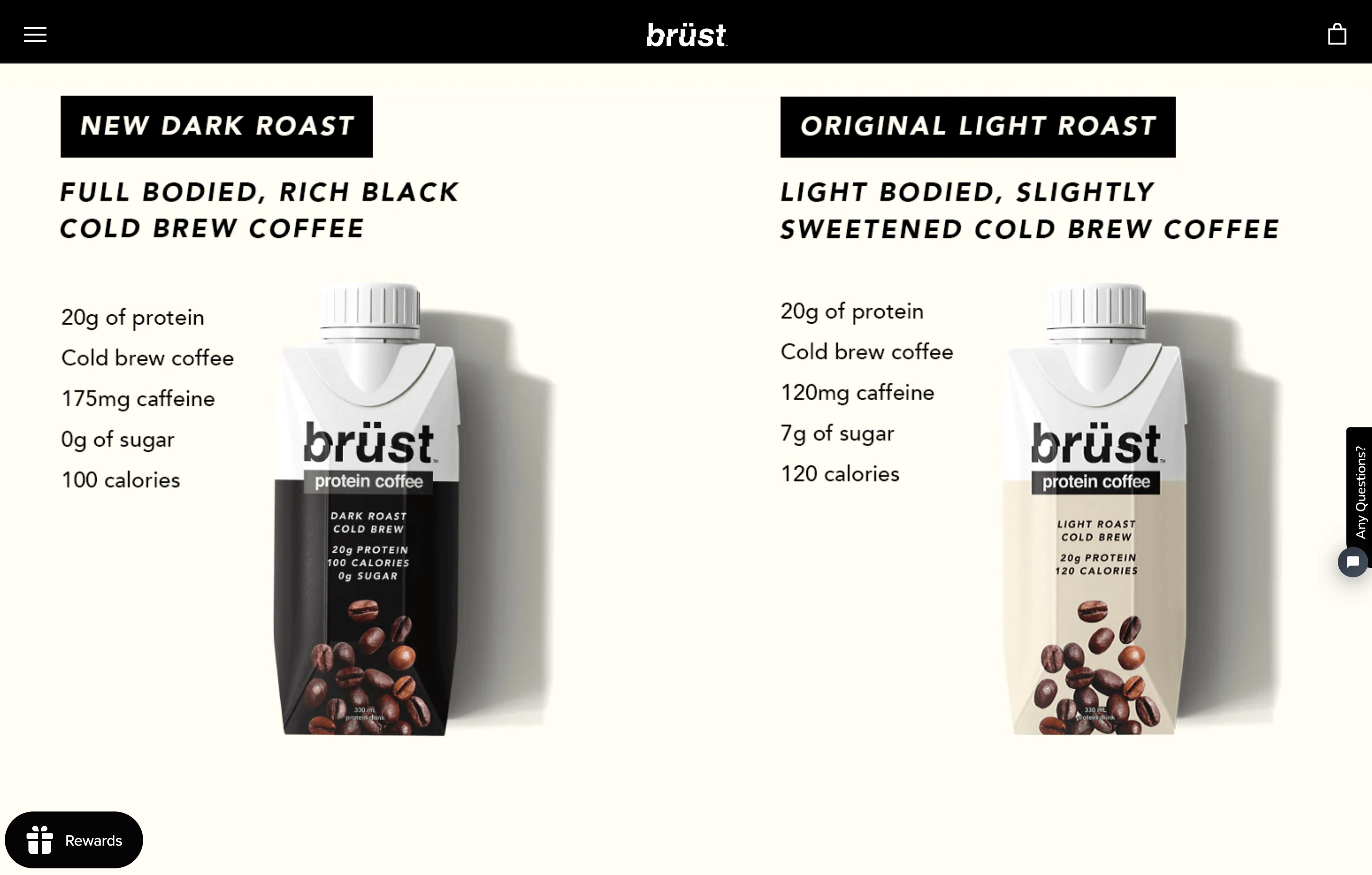 A screenshot of brüst’s homepage showing the features of its Dark Roast and Light Roast protein coffees.&nbsp;