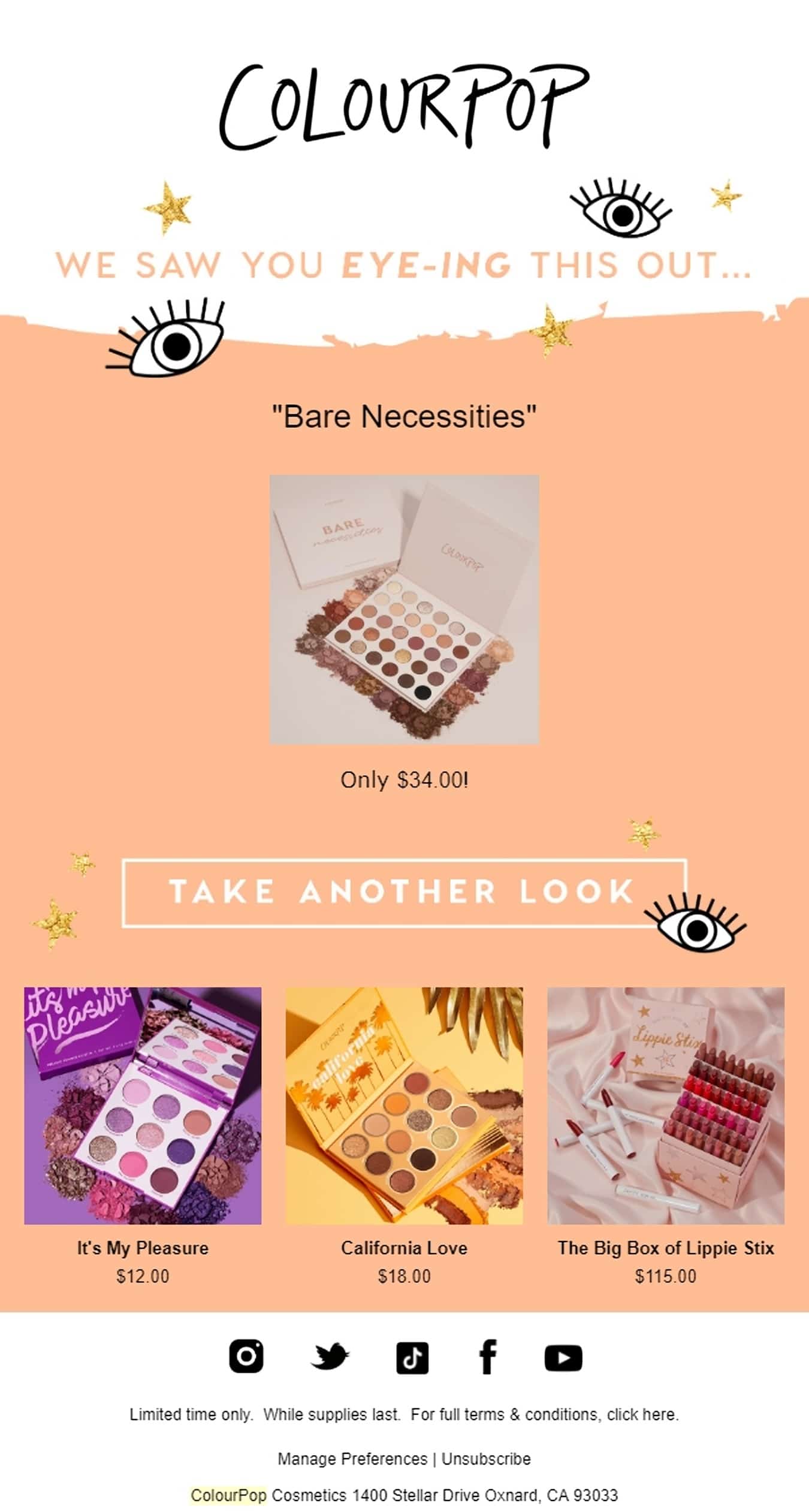 screenshot of colourpop cart abandonment email